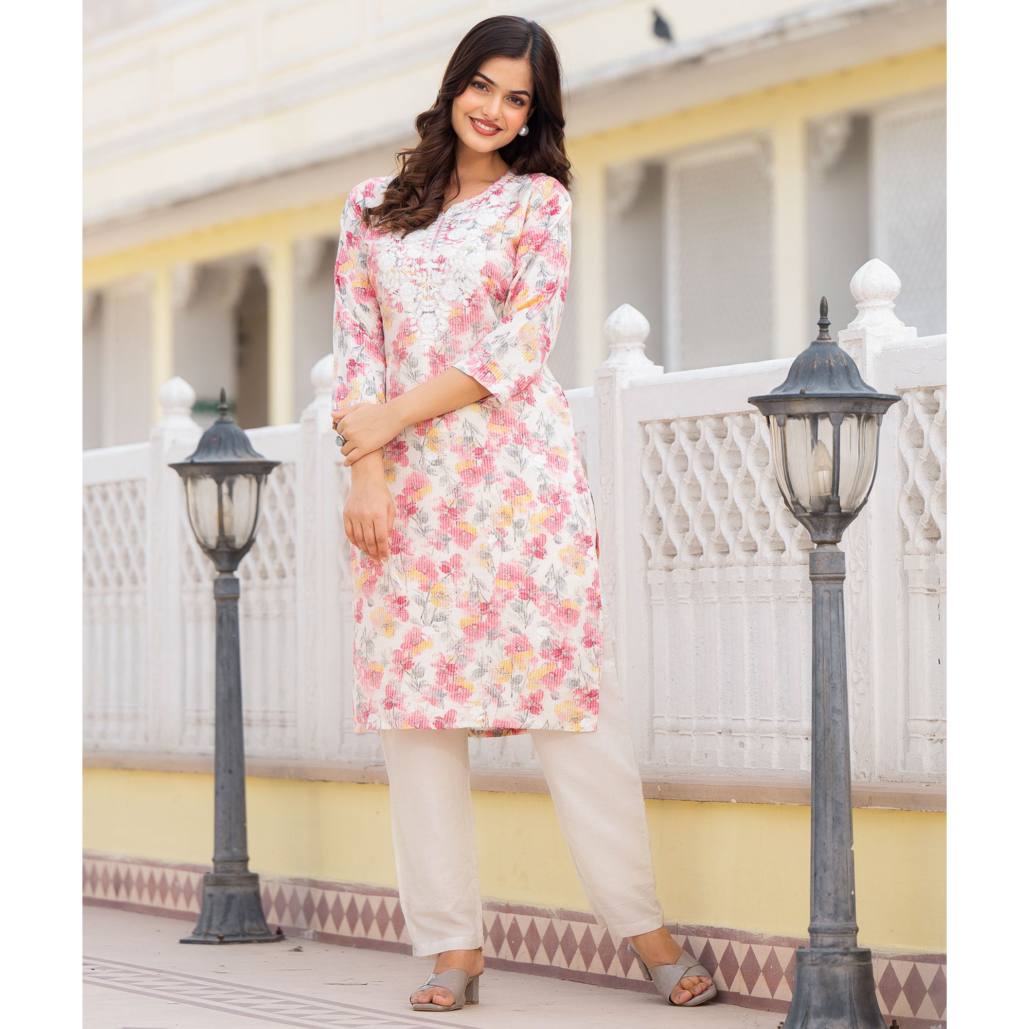 Cream & Pink Floral Printed Rayon Straight Kurti