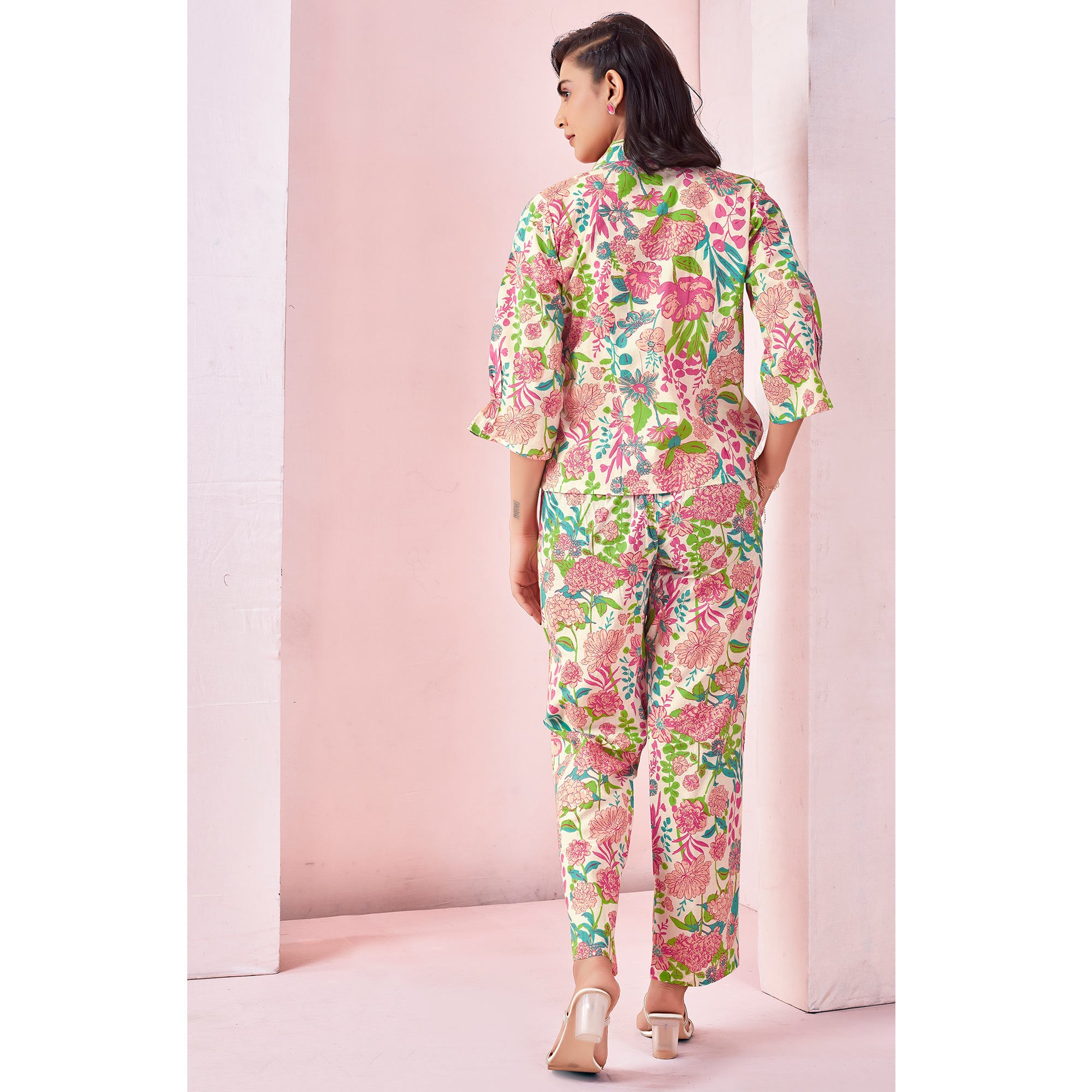White Floral Printed Pure Cotton Co-ord Set With Jacket