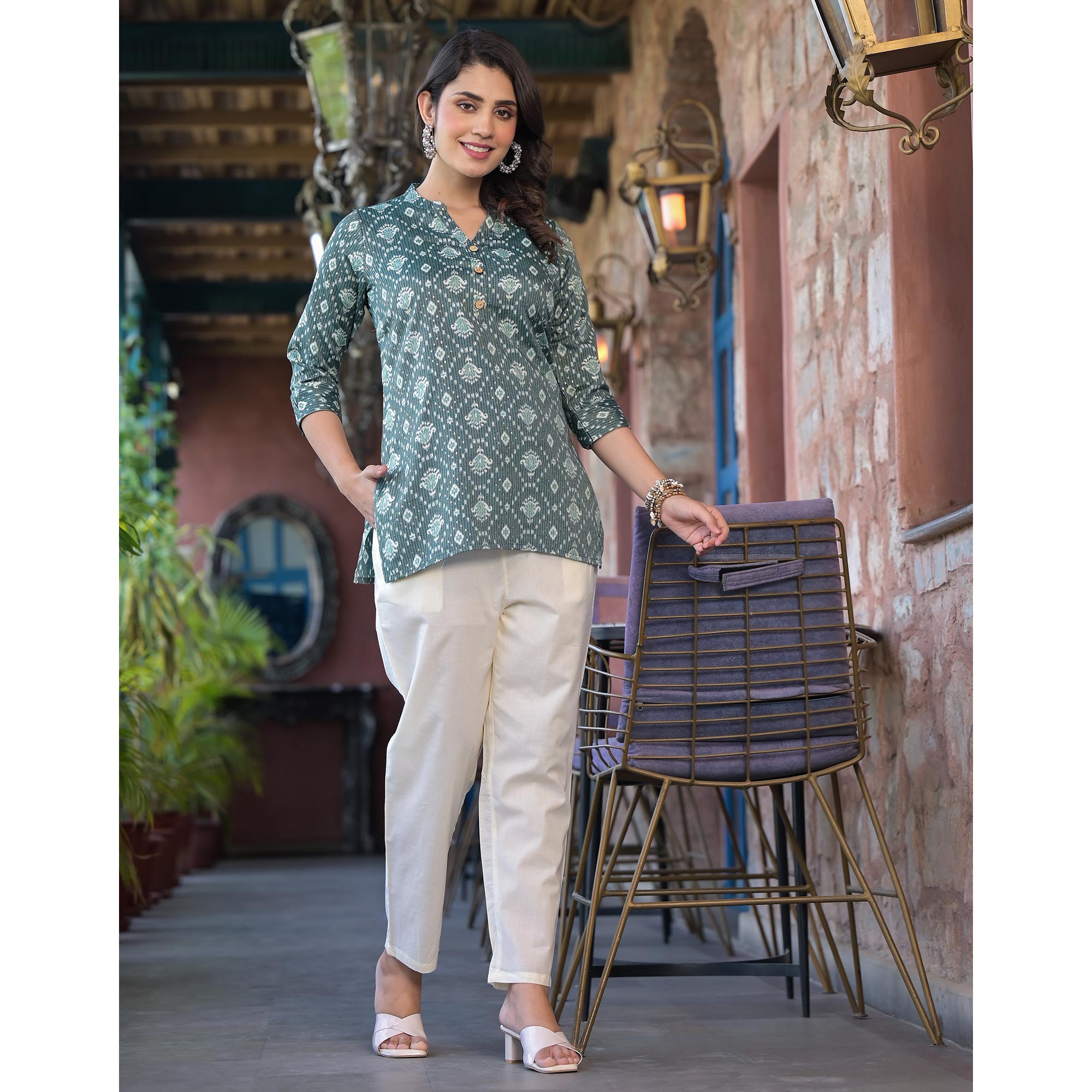 Sea Green Floral Printed Rayon Straight Top