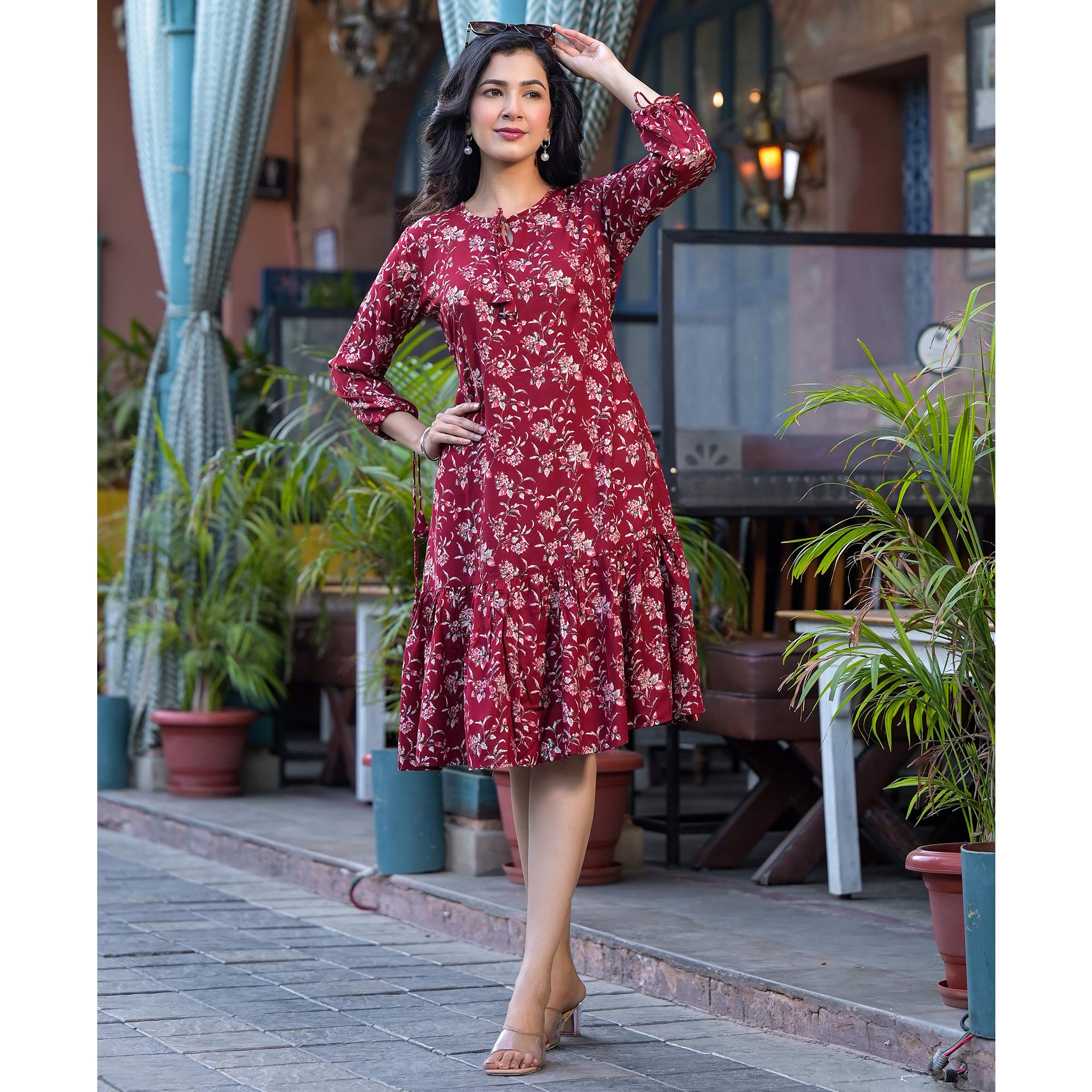 Red Floral Printed Rayon Dress