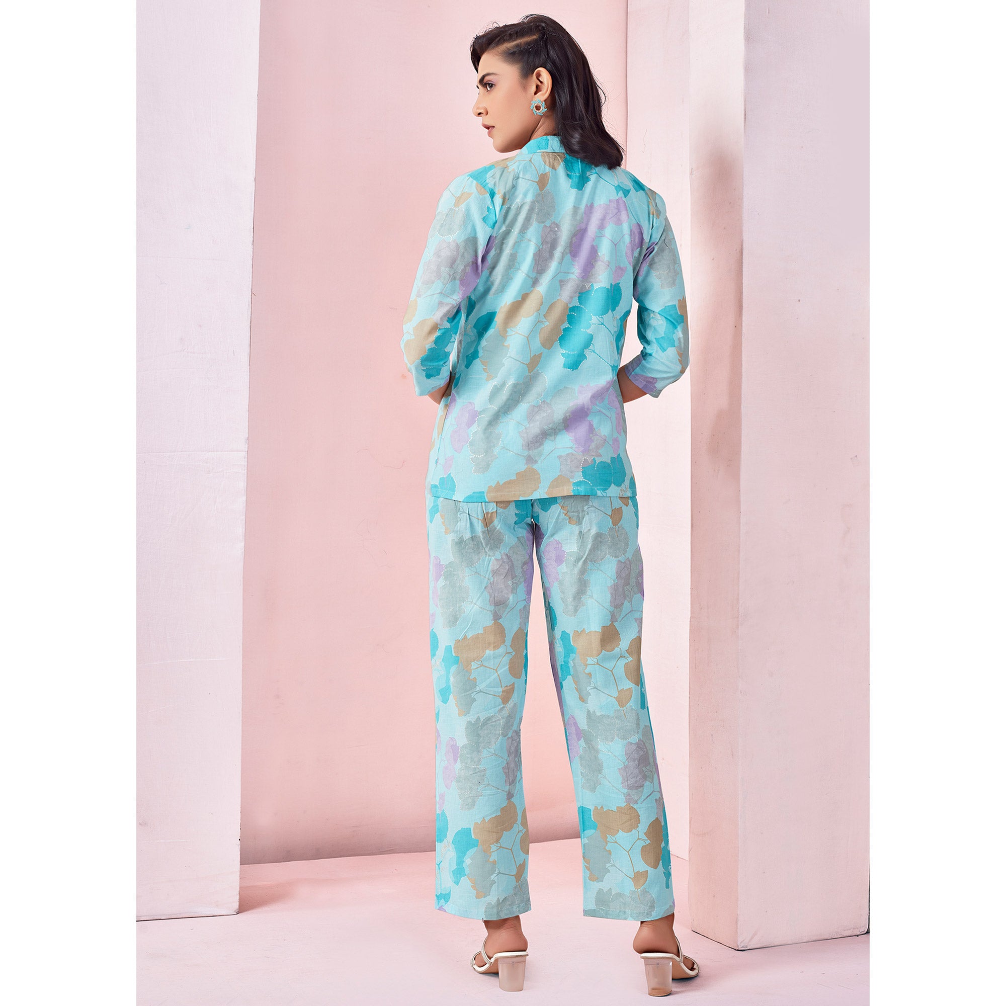 Sky Blue Floral Printed Pure Cotton Co-ord Set With Jacket