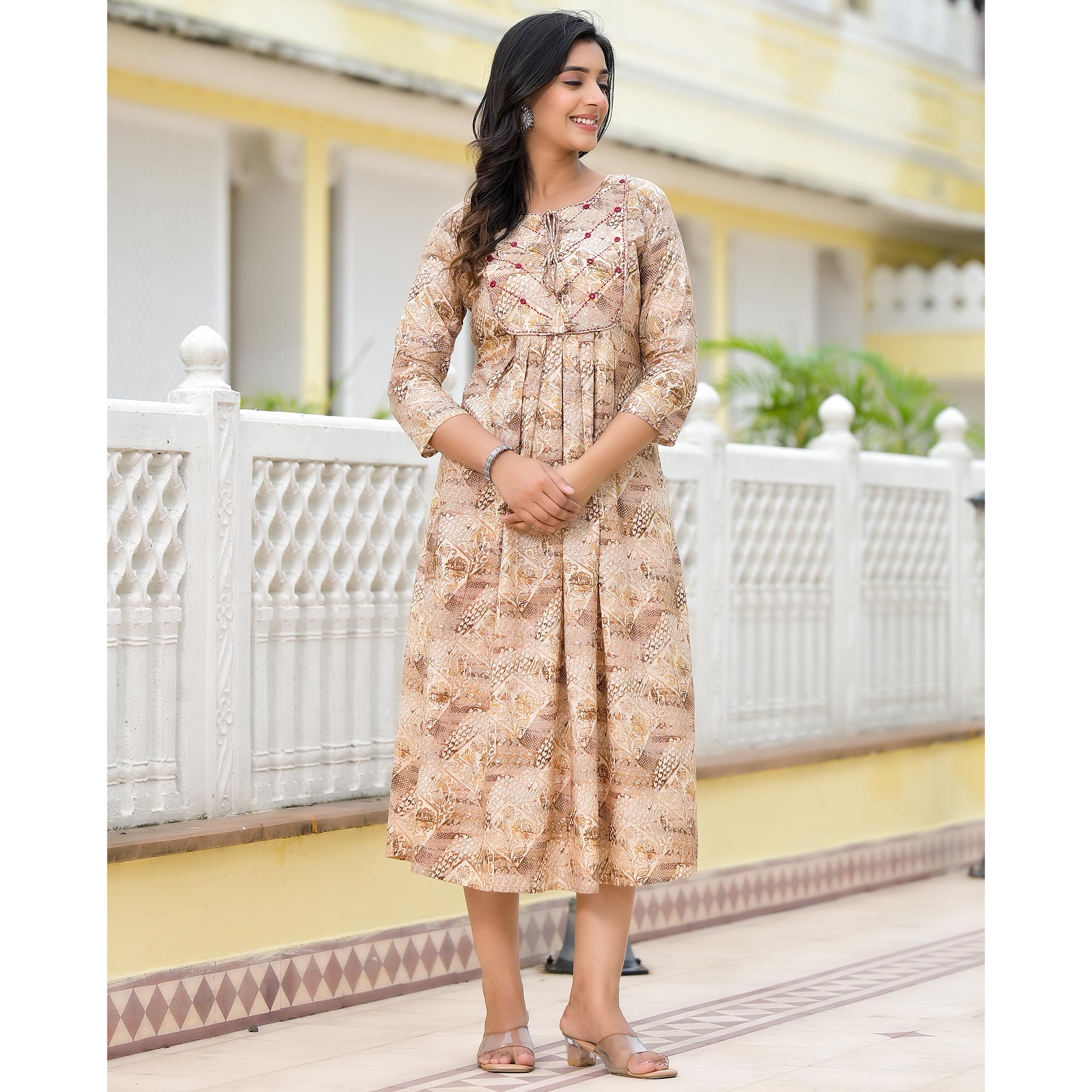 Mustard Floral Printed Pure Cotton A-Line Dress