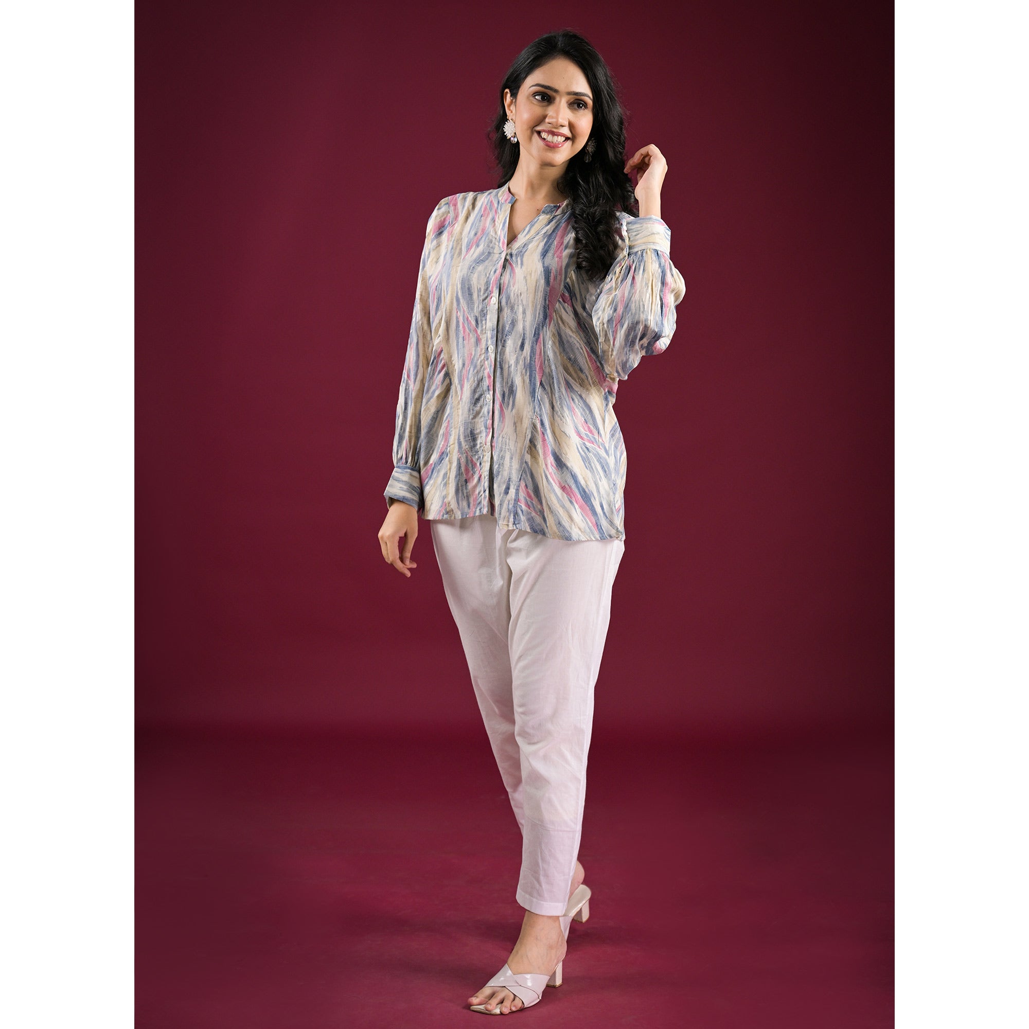 Blue Foil Printed Chanderi Silk A-Line Top