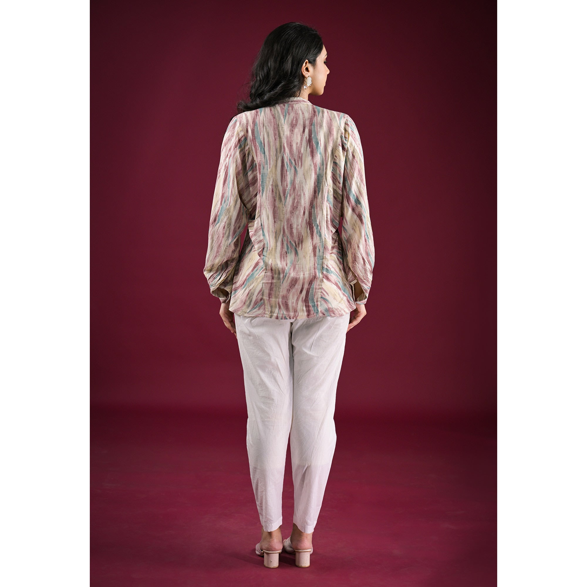 Turquoise Foil Printed Chanderi Silk A-Line Top