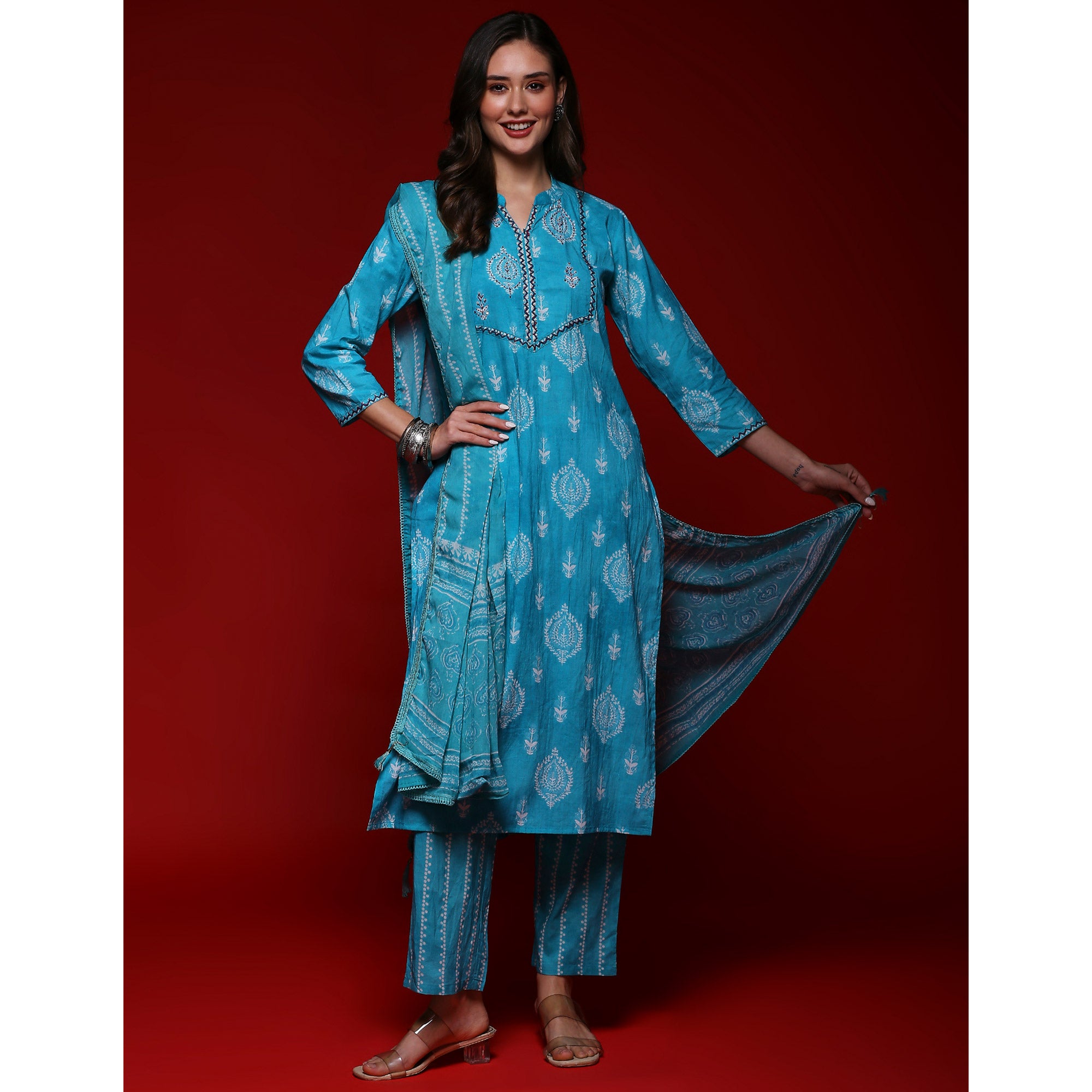 Turquoise Printed Pure Cotton Straight Salwar Suit