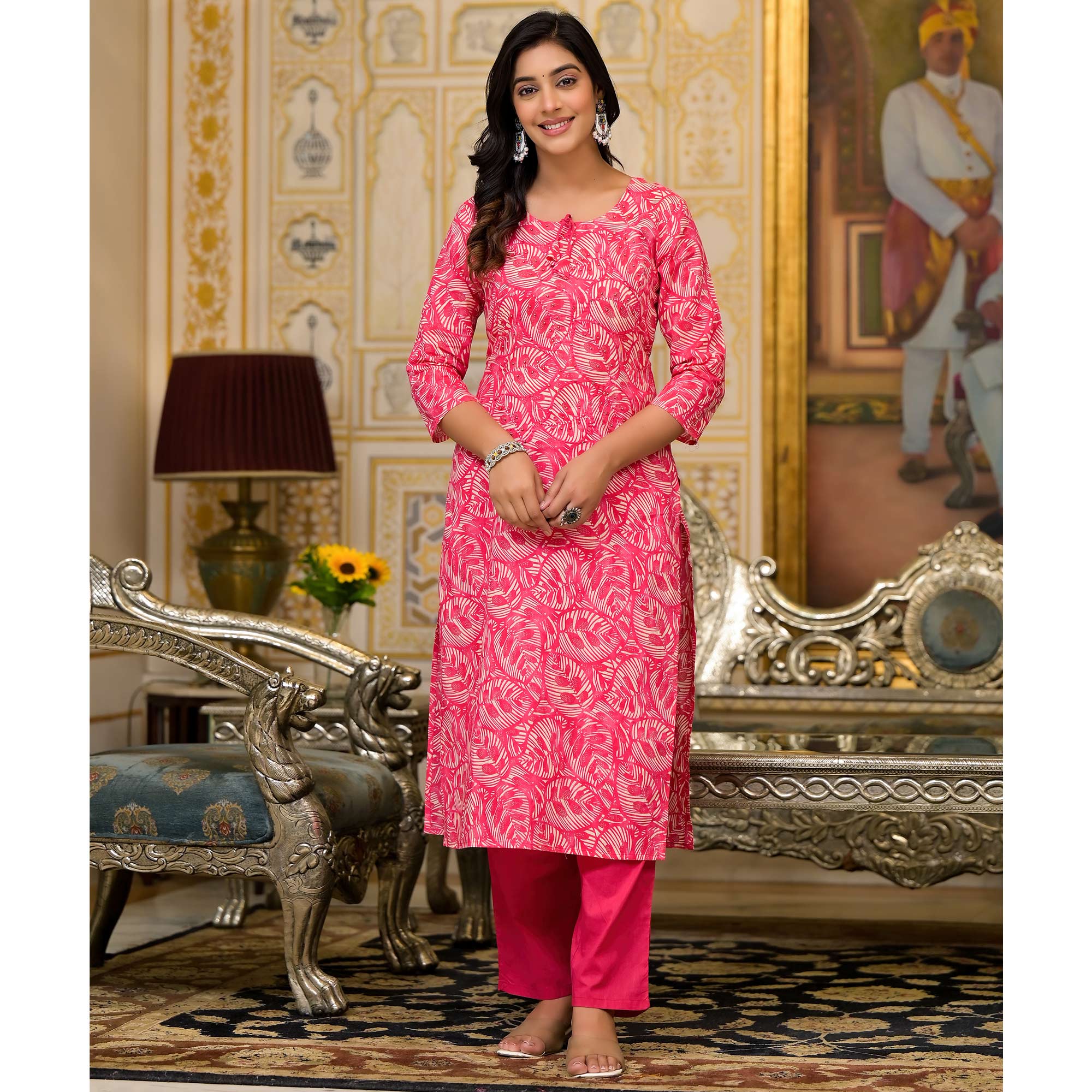Rani Pink Floral Printed Pure Cotton Straight Salwar Suit
