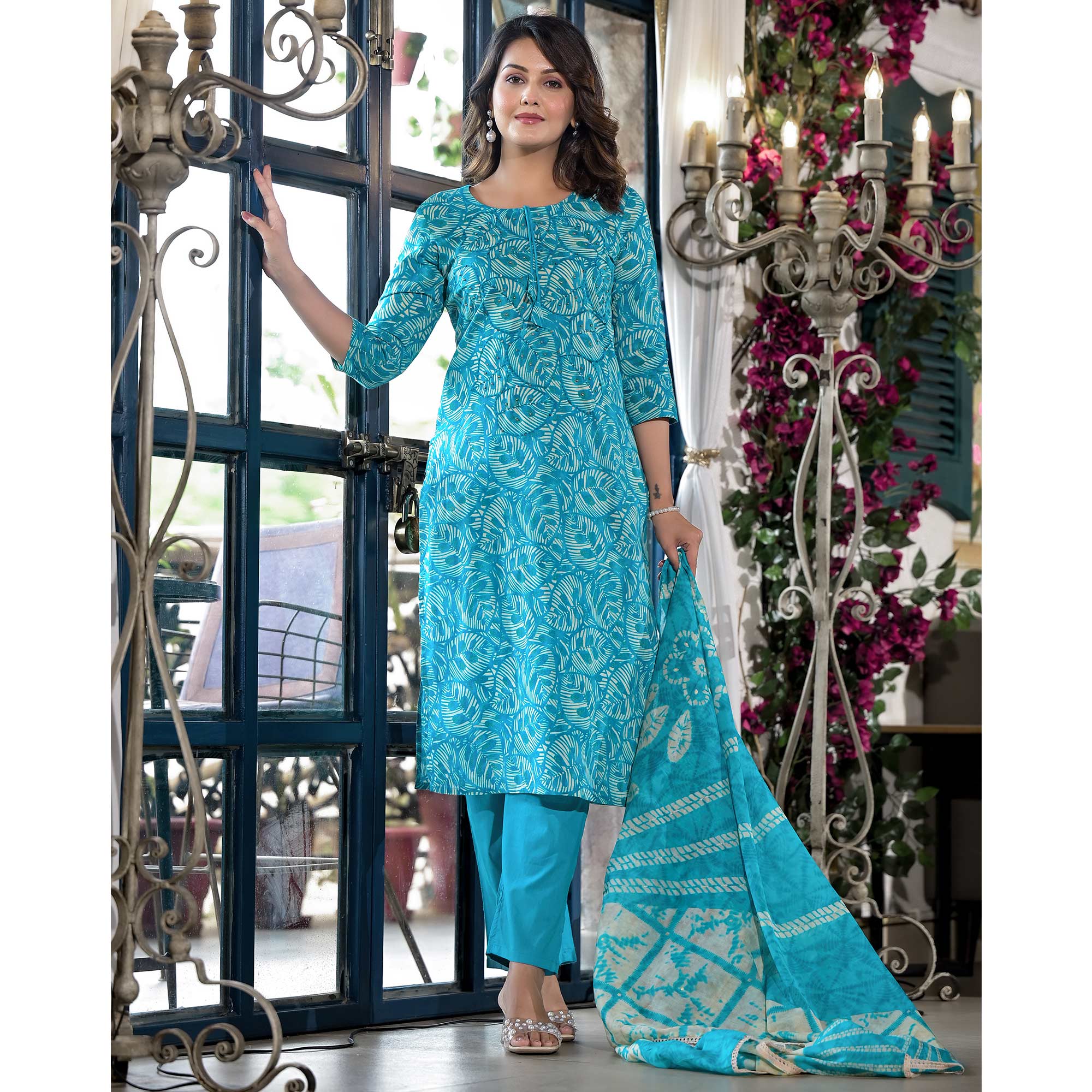 Sky Blue Floral Printed Pure Cotton Straight Salwar Suit