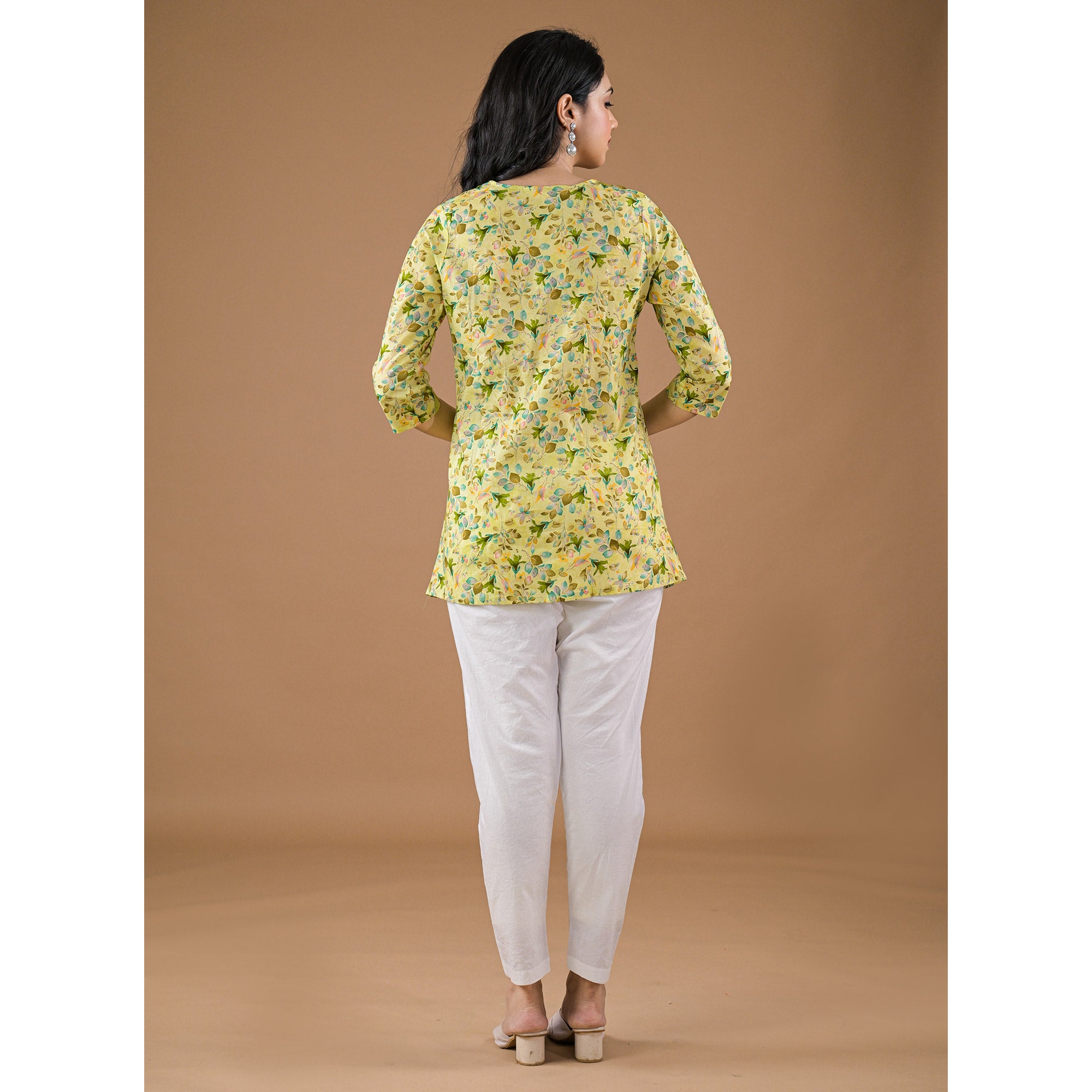 Green Floral Printed Pure Cotton A-Line Top