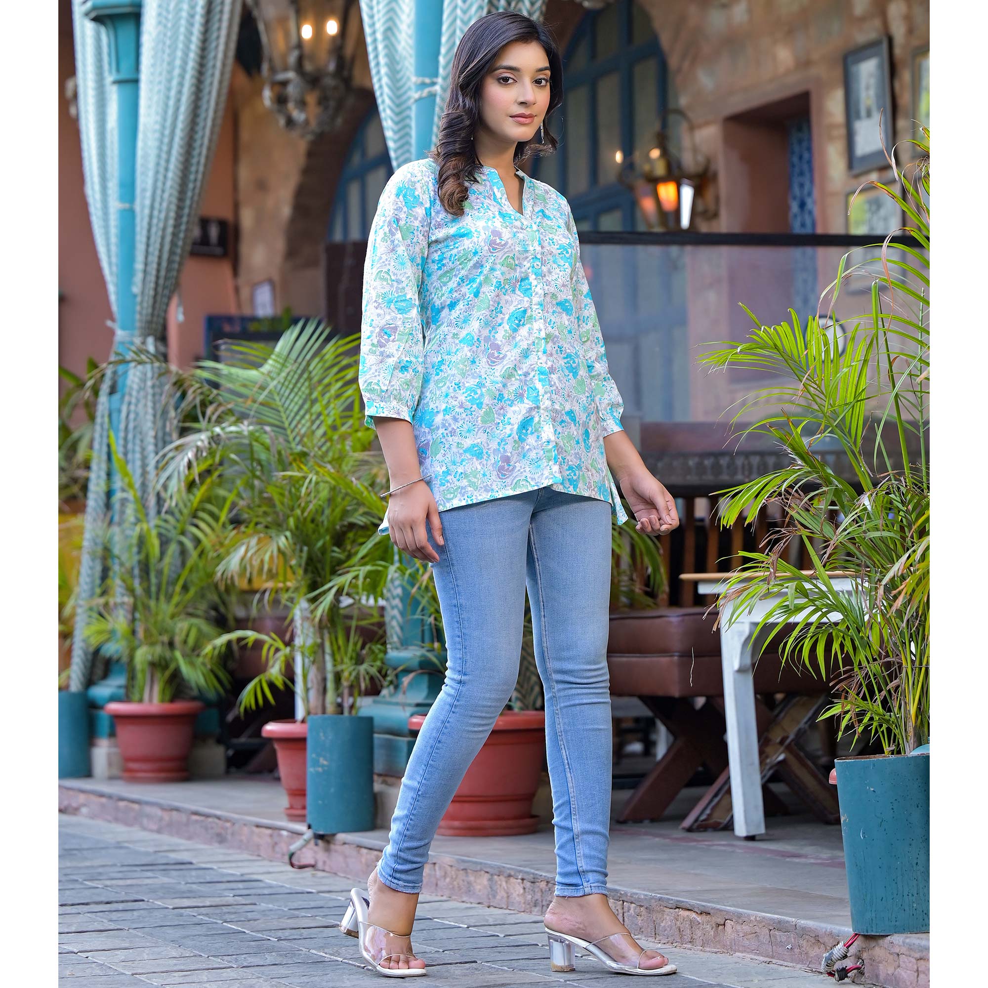 Sky Blue Floral Printed Pure Cotton A-Line Top