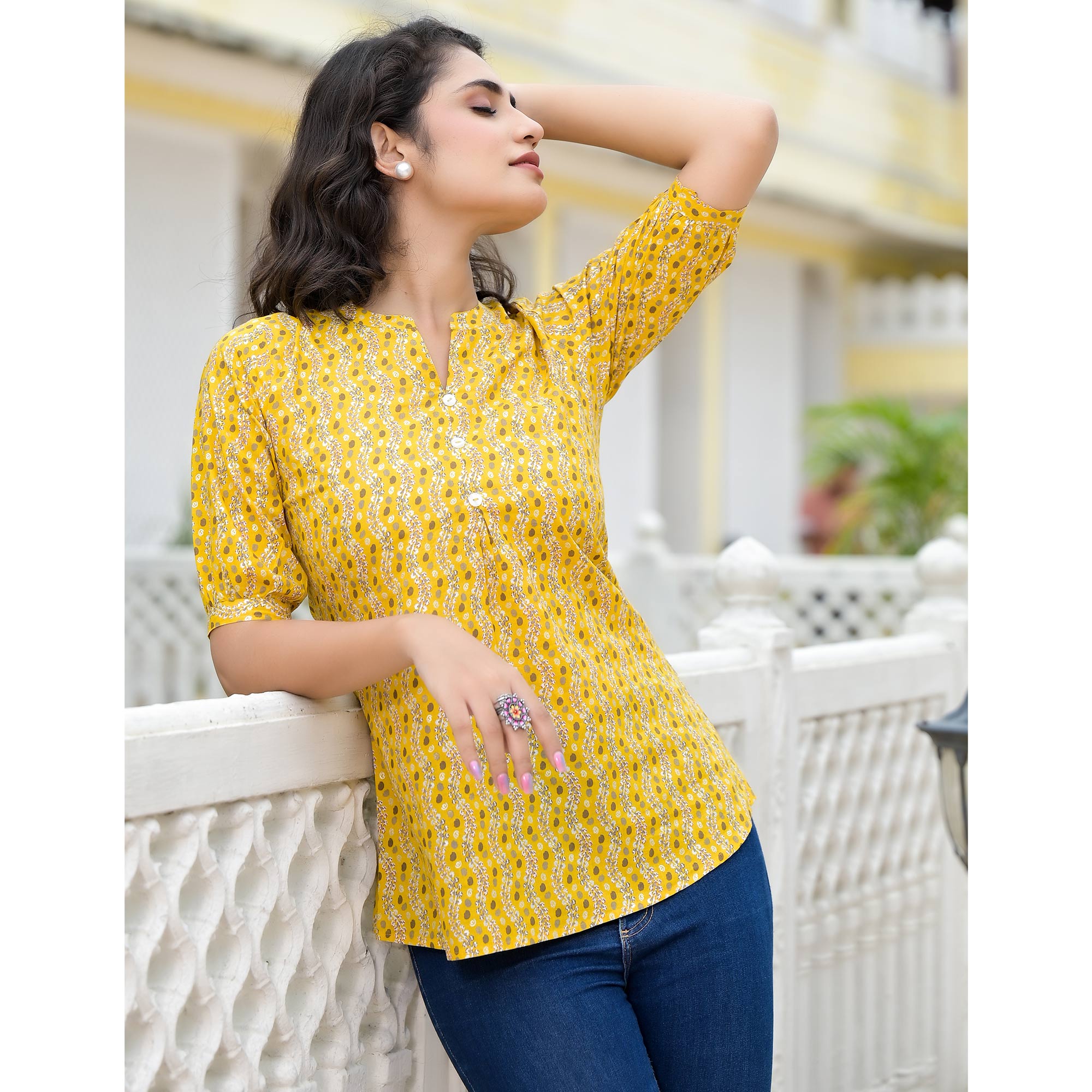 Yellow Foil Printed Pure Cotton A-Line Top