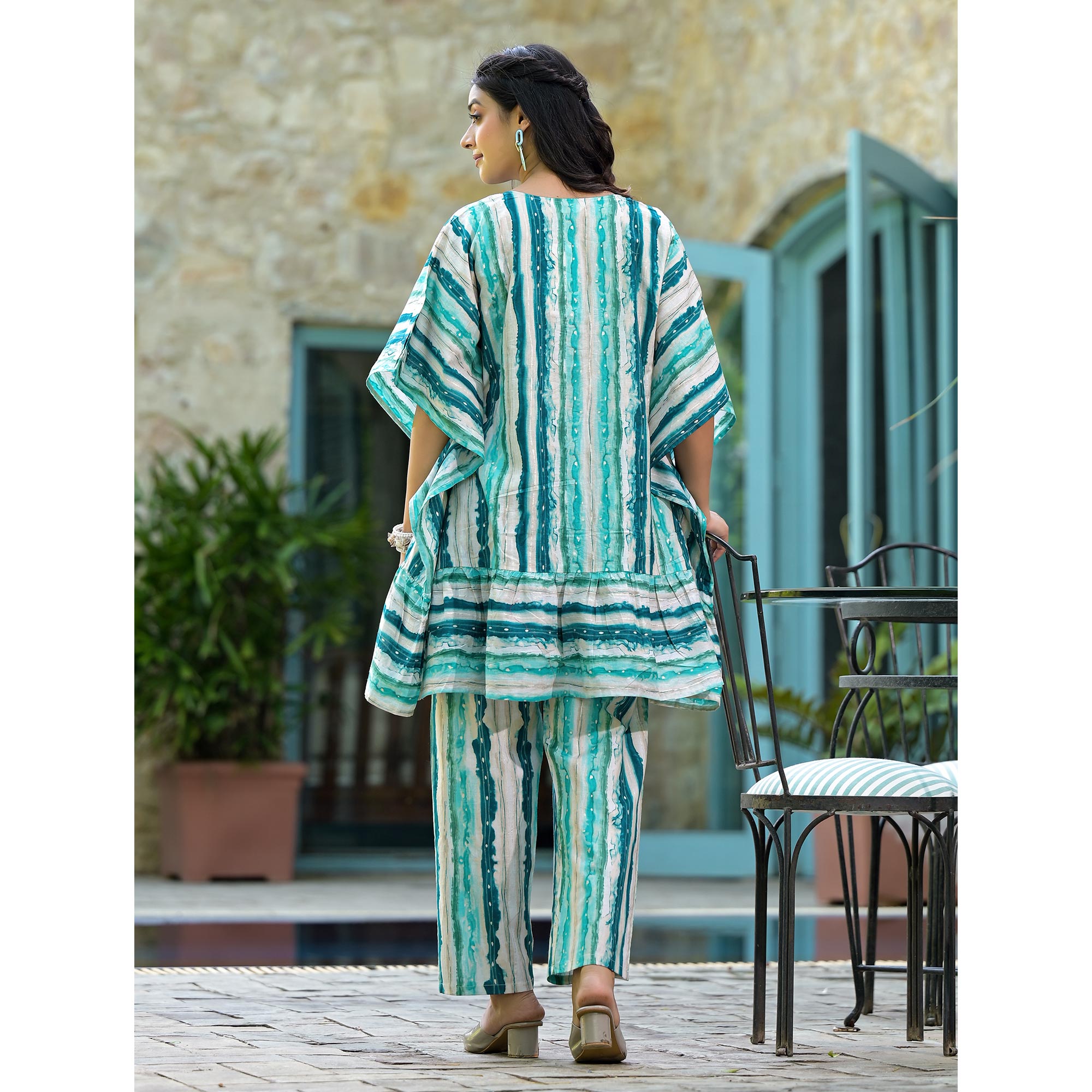Blue Foil Printed Cambric Cotton Kaftan Style Co-Ord Set