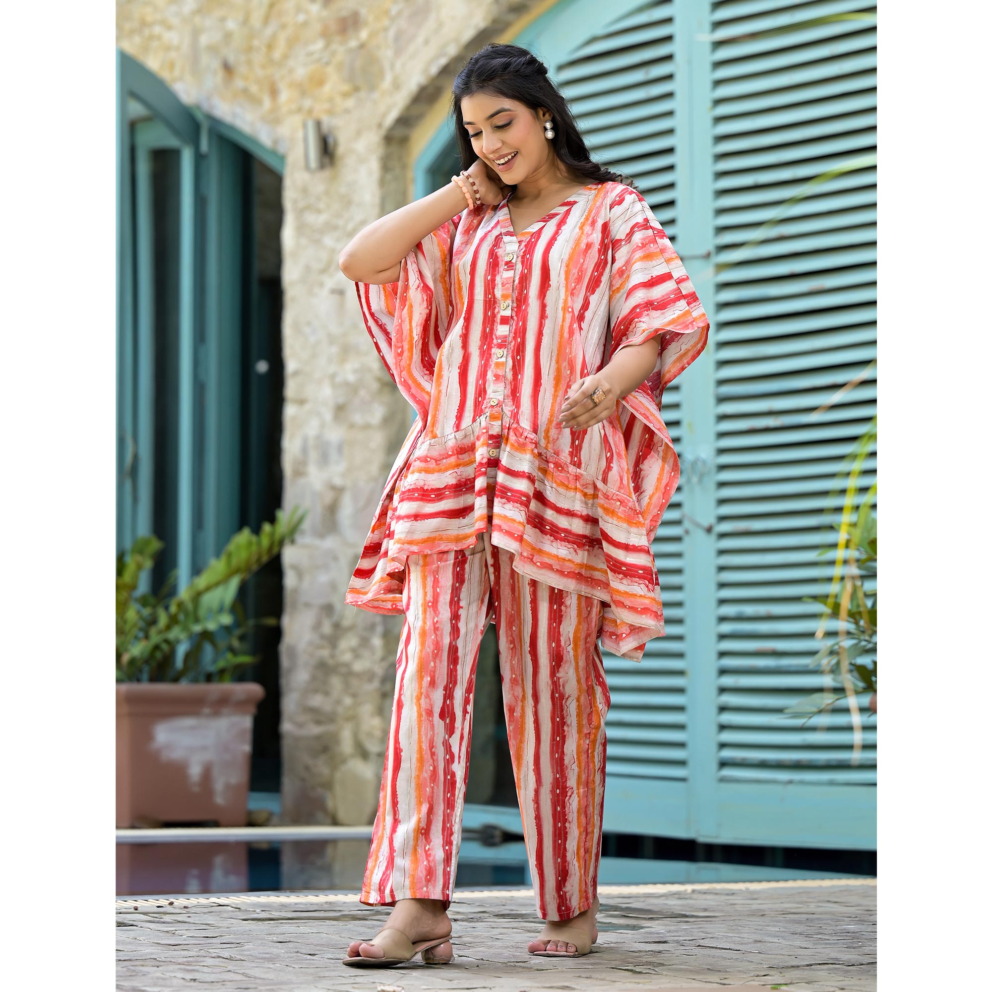 Red Foil Printed Cambric Cotton Kaftan Style Co-Ord Set