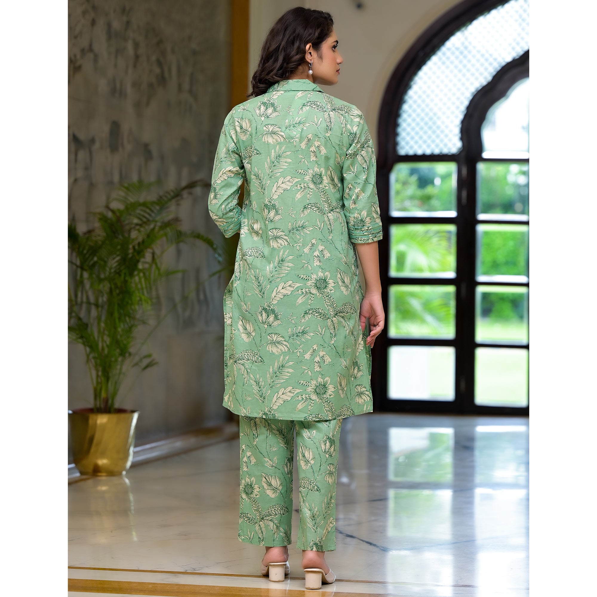 Green Floral Printed Pure Cotton Co-ord Set