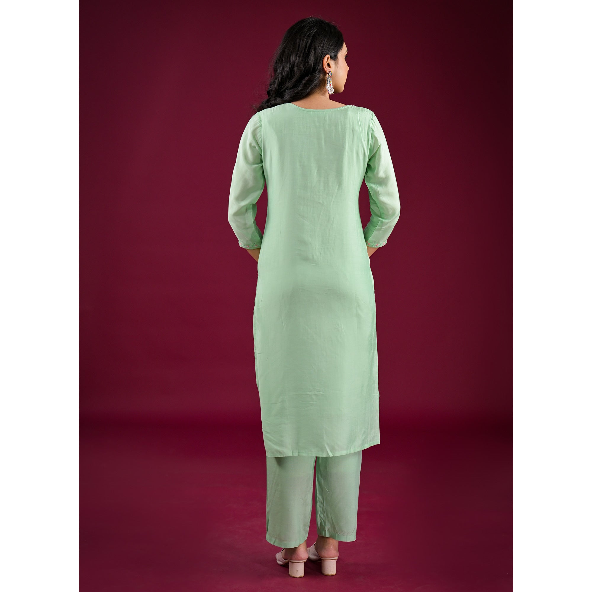 Pista Green Embroidered Muslin Straight Salwar Suit