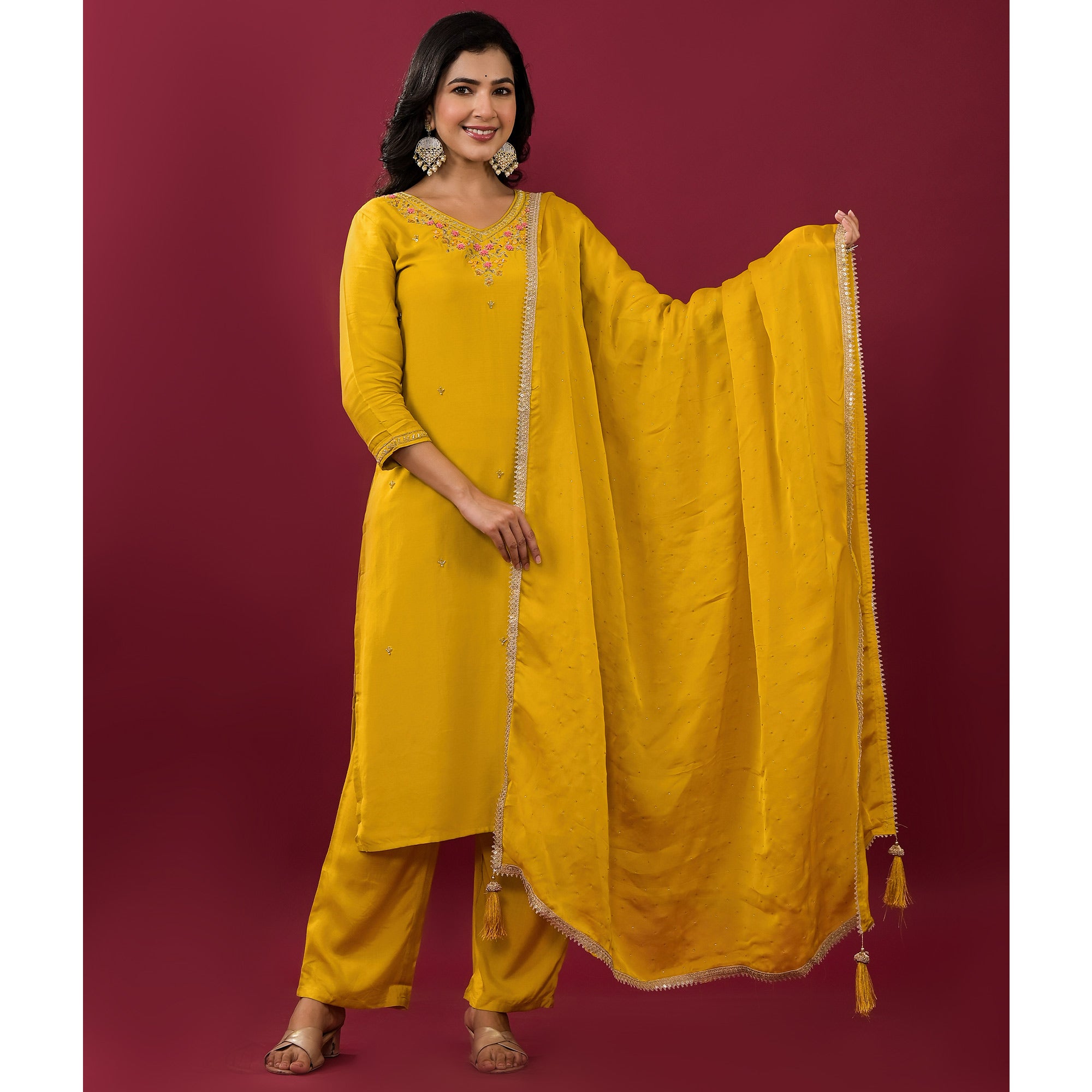 Mustard Embroidered Muslin Straight Salwar Suit