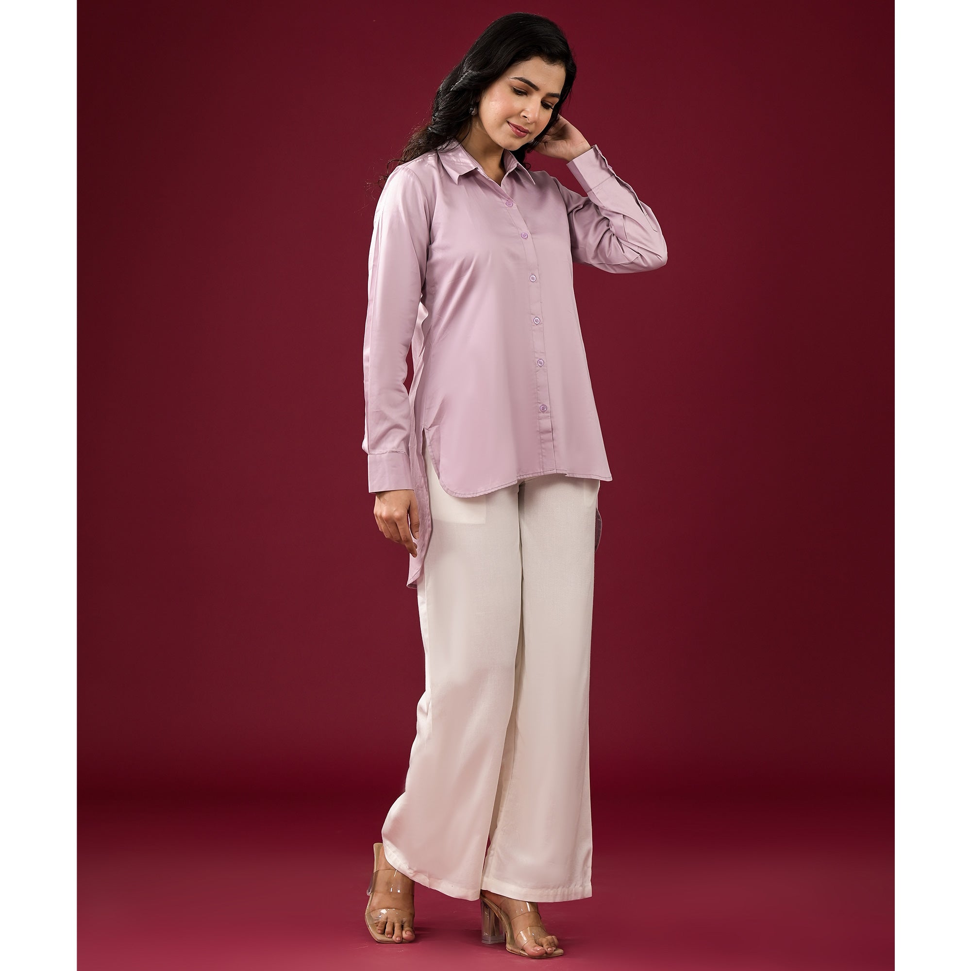 Lavender Solid Satin High-Low Shirt