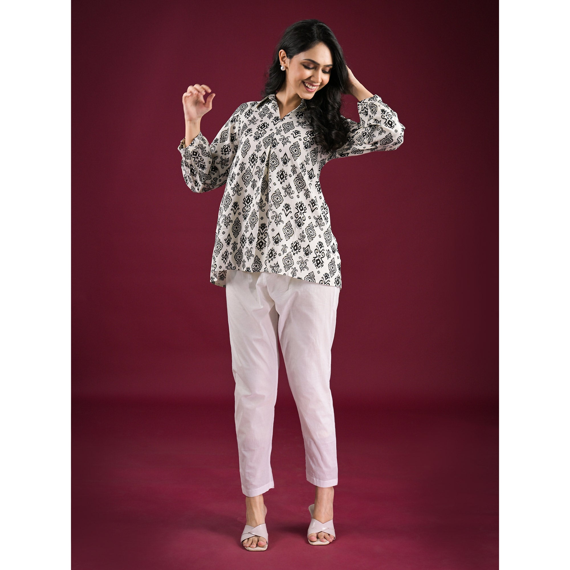 White & Black Floral Printed Rayon Top