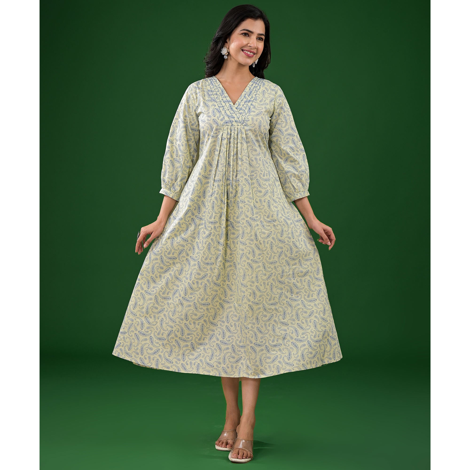 Light Lime Green Paisley Printed Pure Cotton A-Line Dress