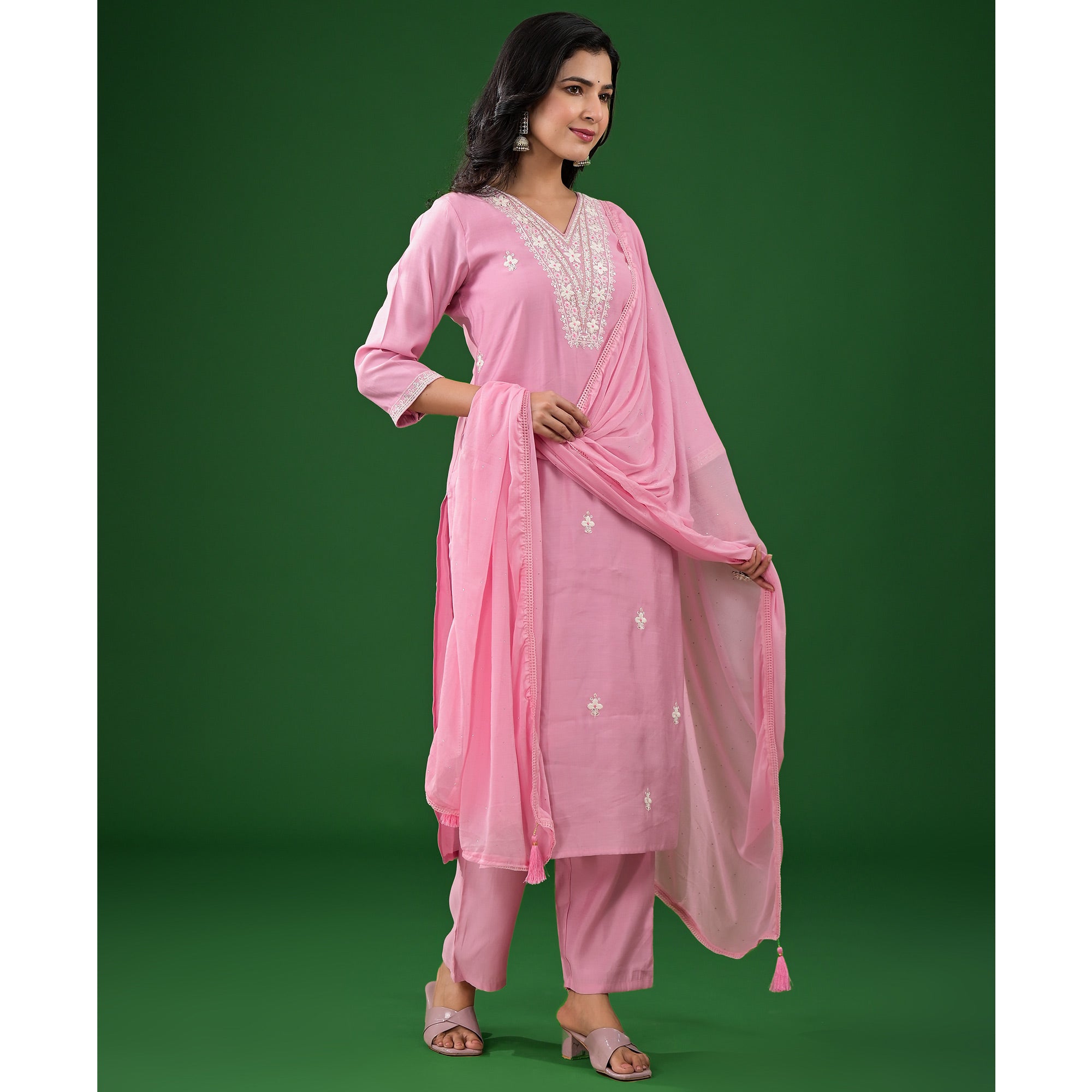 Pink Floral Embroidered Pure Silk Straight Salwar Suit
