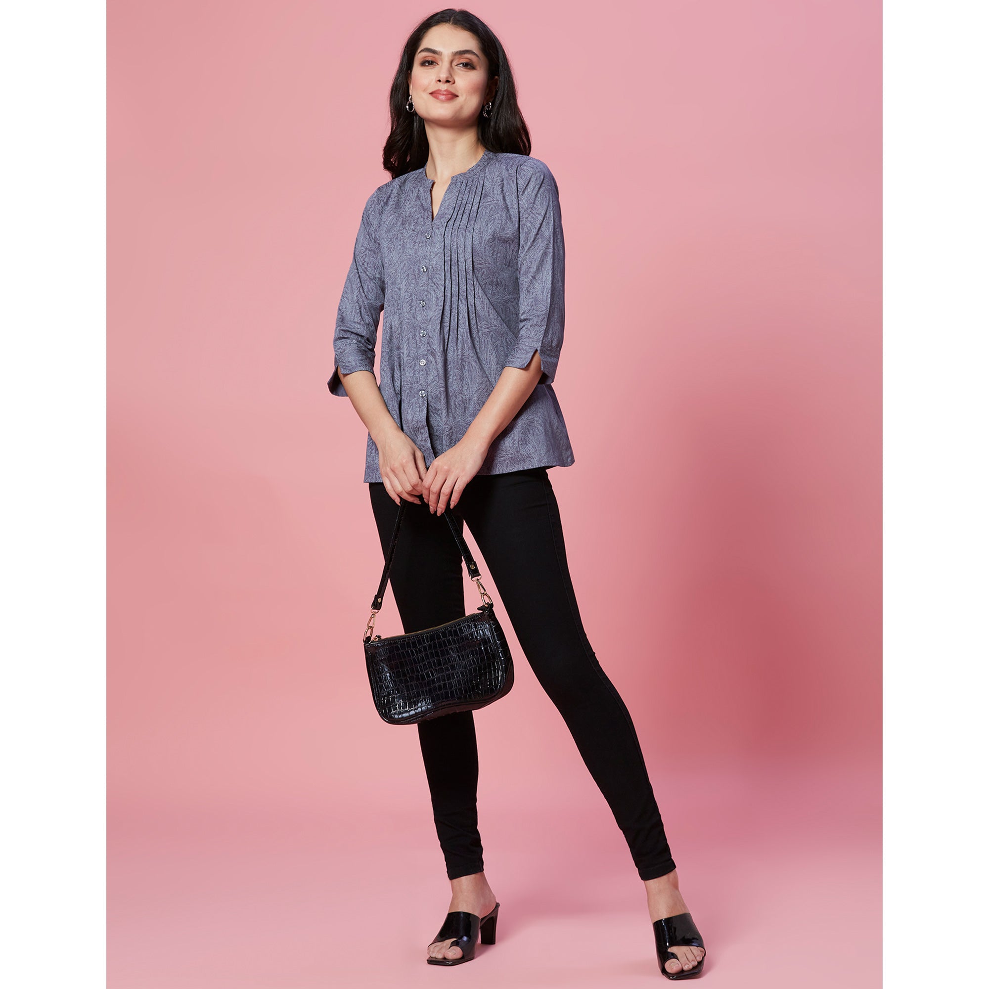 Grey Printed Pure Cotton A-Line Top