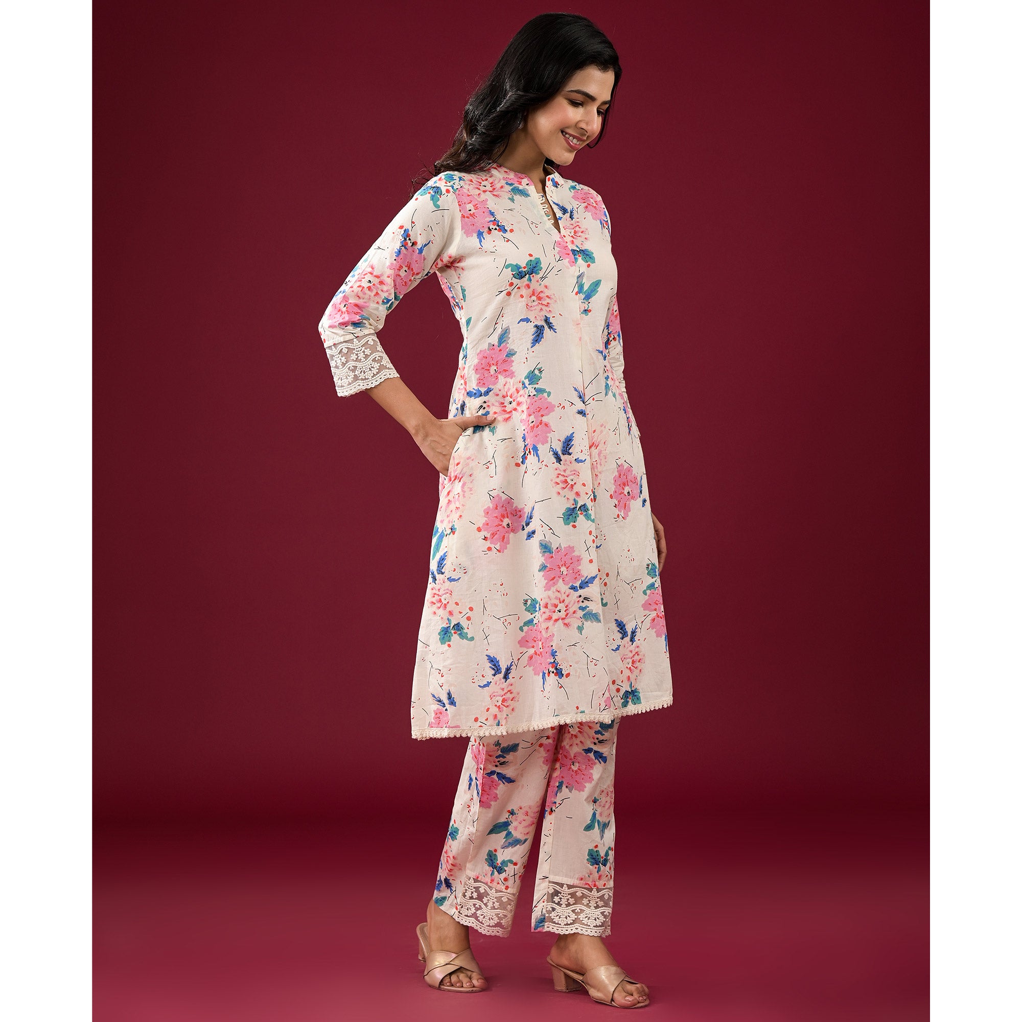 Off White Floral Printed Pure Cotton Co-Ord Set