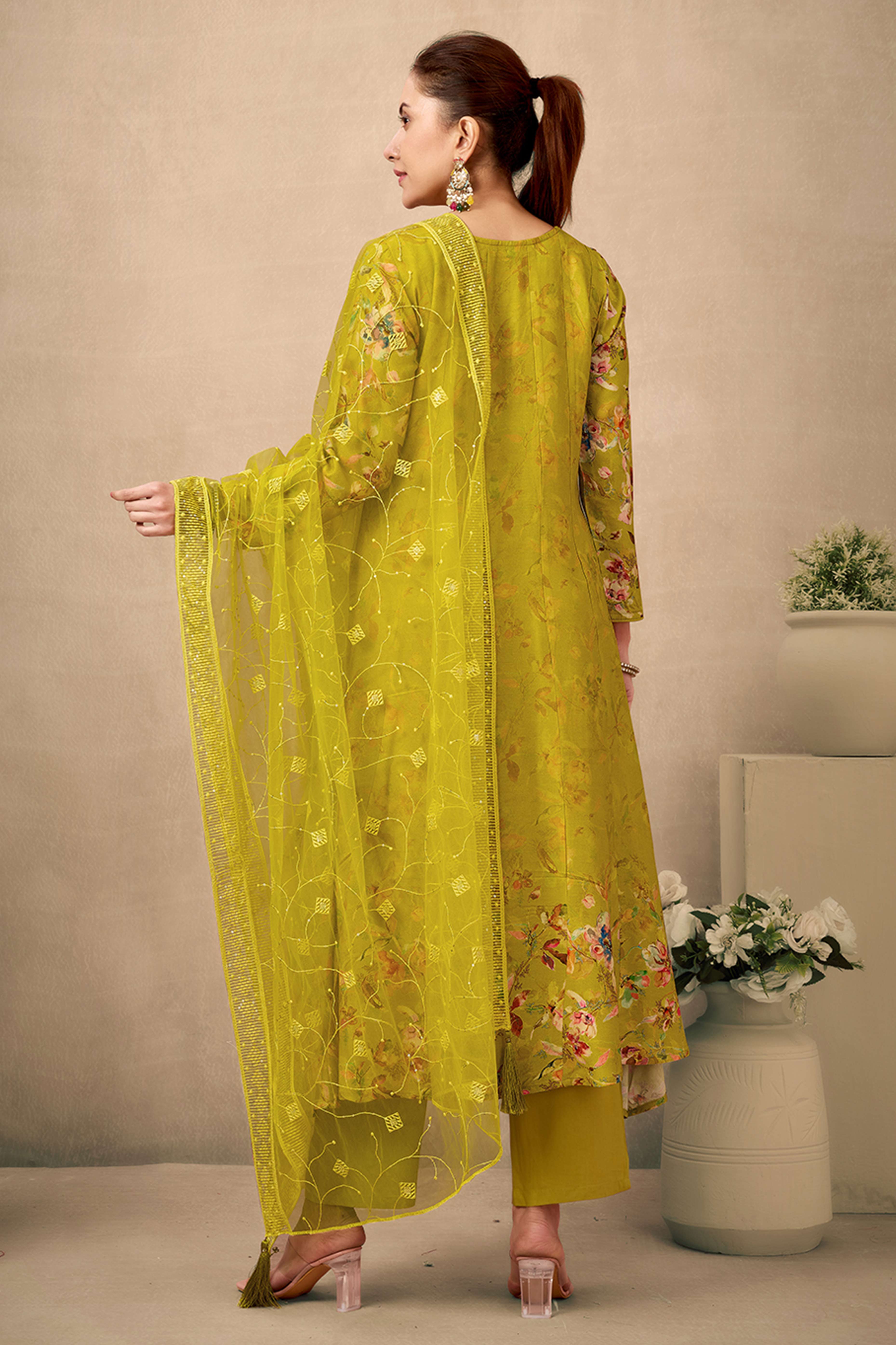 Mustard Floral Printed With Handwork On Neck Rayon Anarkali Salwar Suit