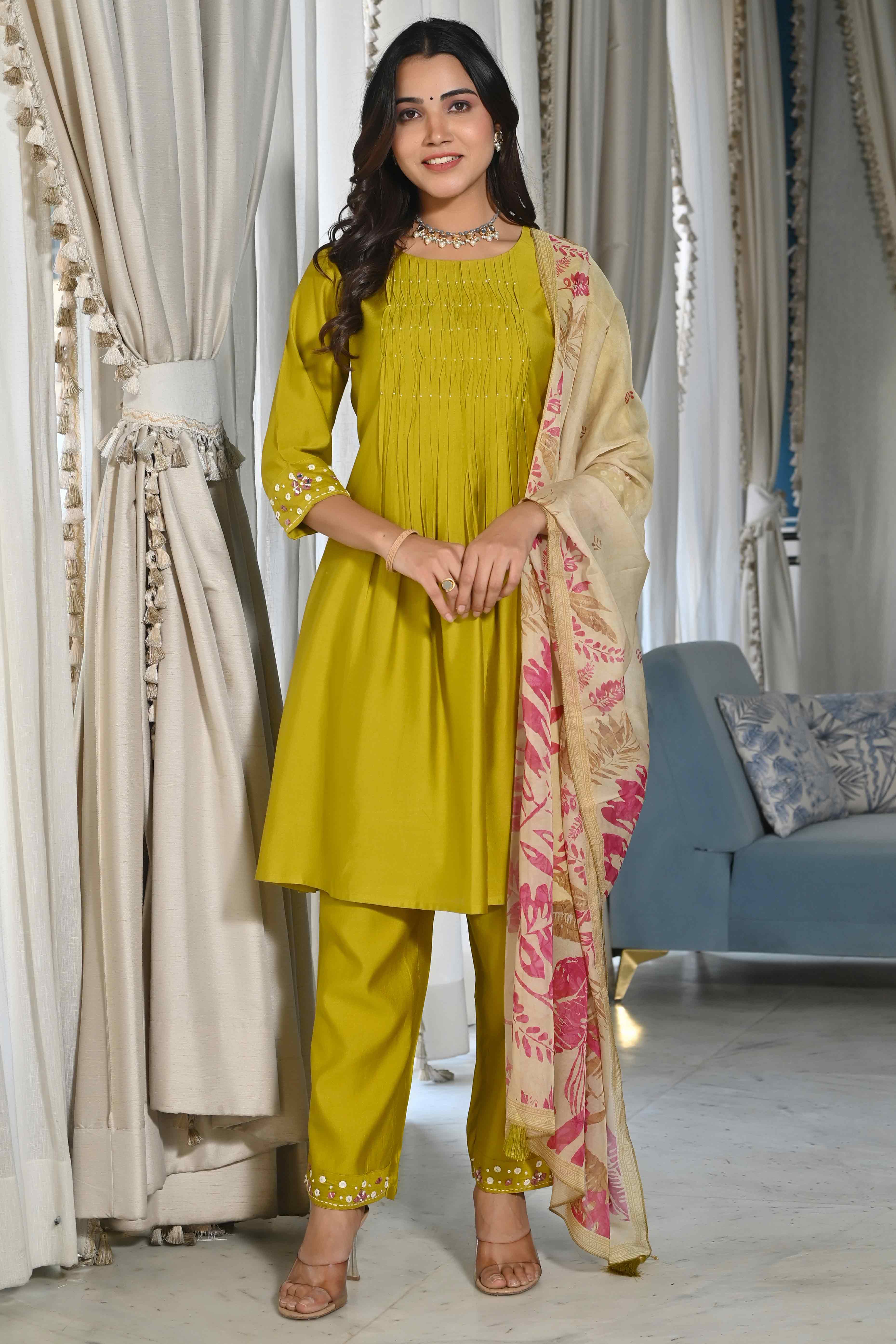 Olive Embroidered Viscose Salwar Suit