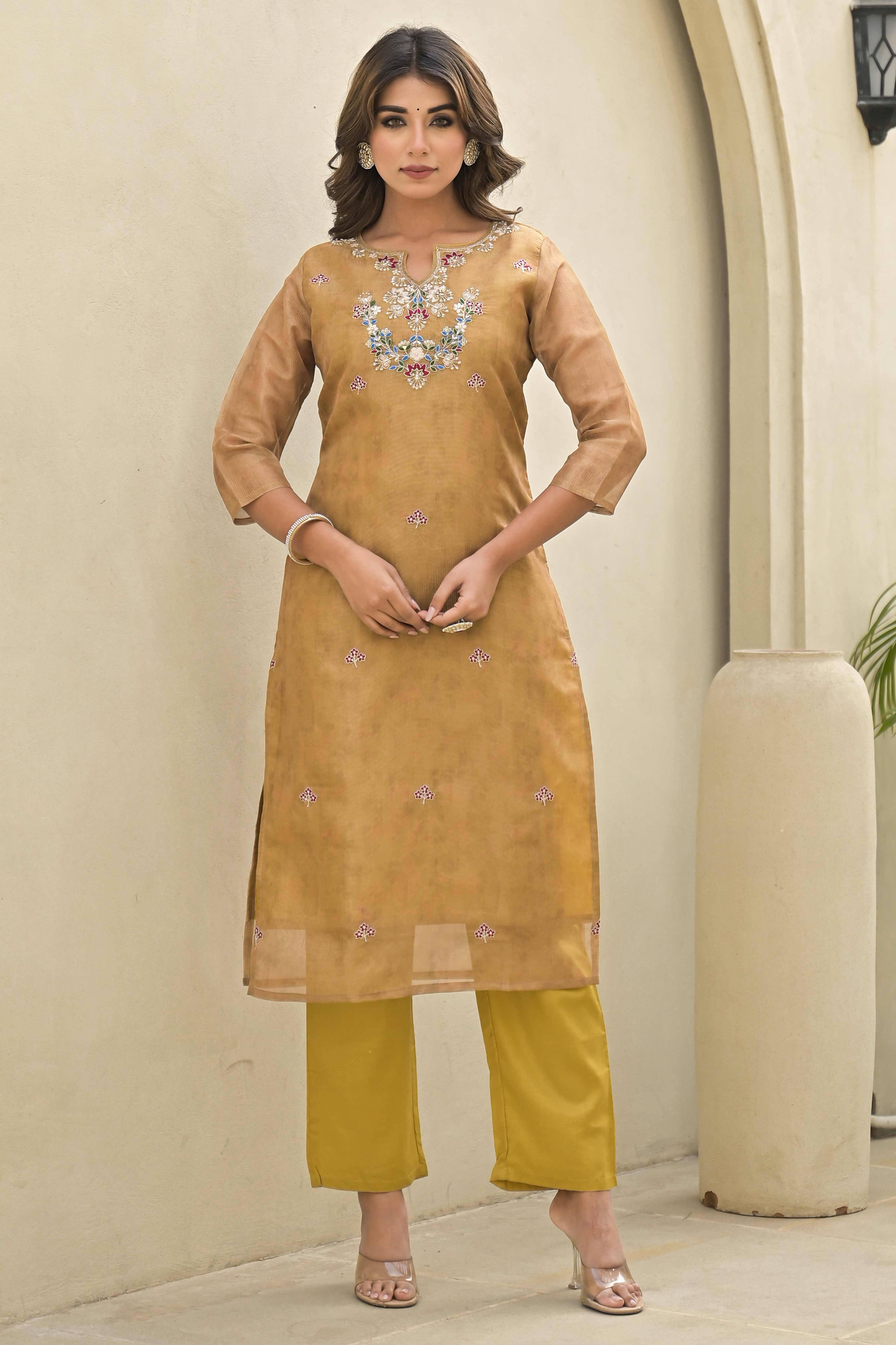Golden Embroidered Crush Chanderi Salwar Suit