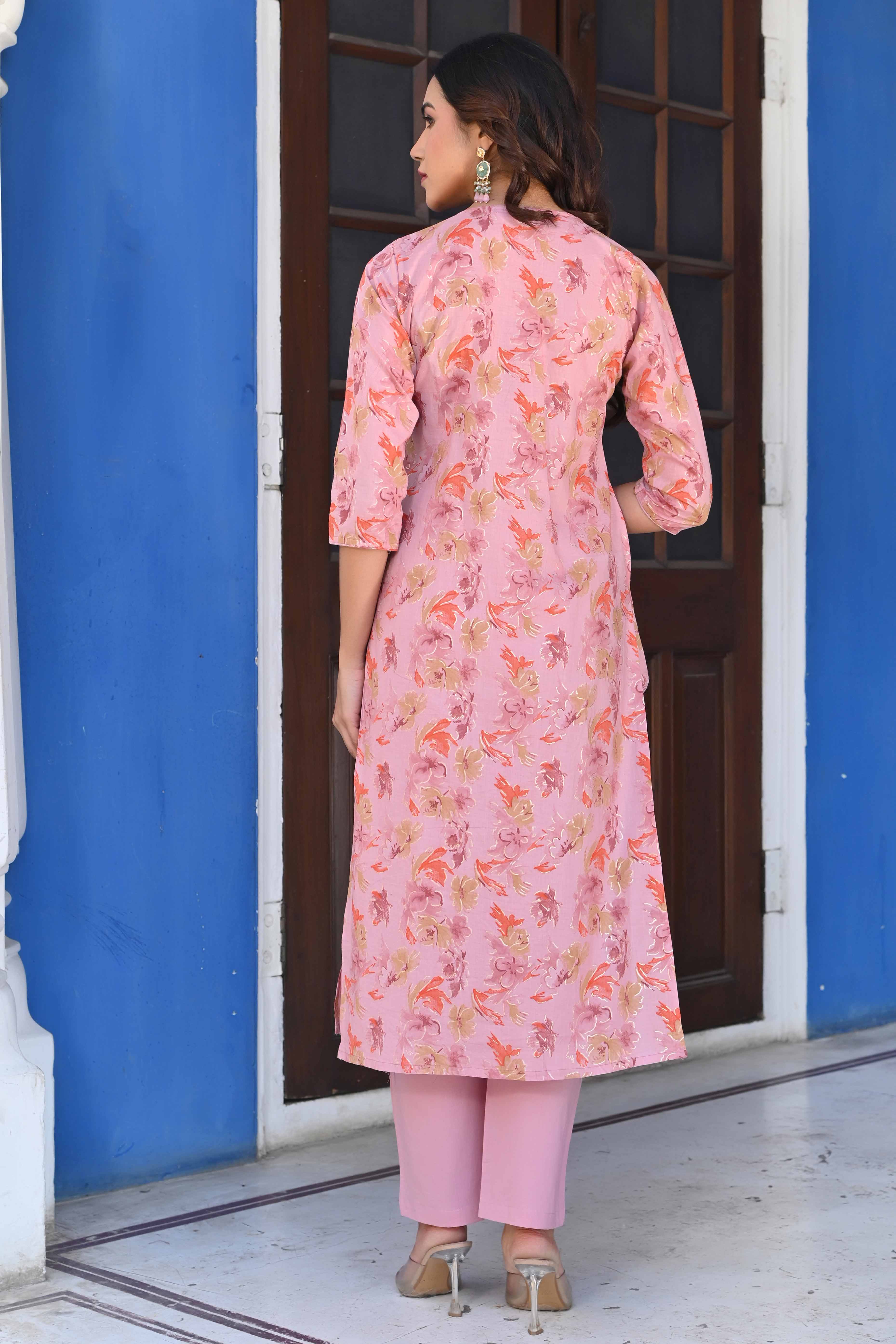 Peach Floral Printed Pure Cotton Salwar Suit With Handwork