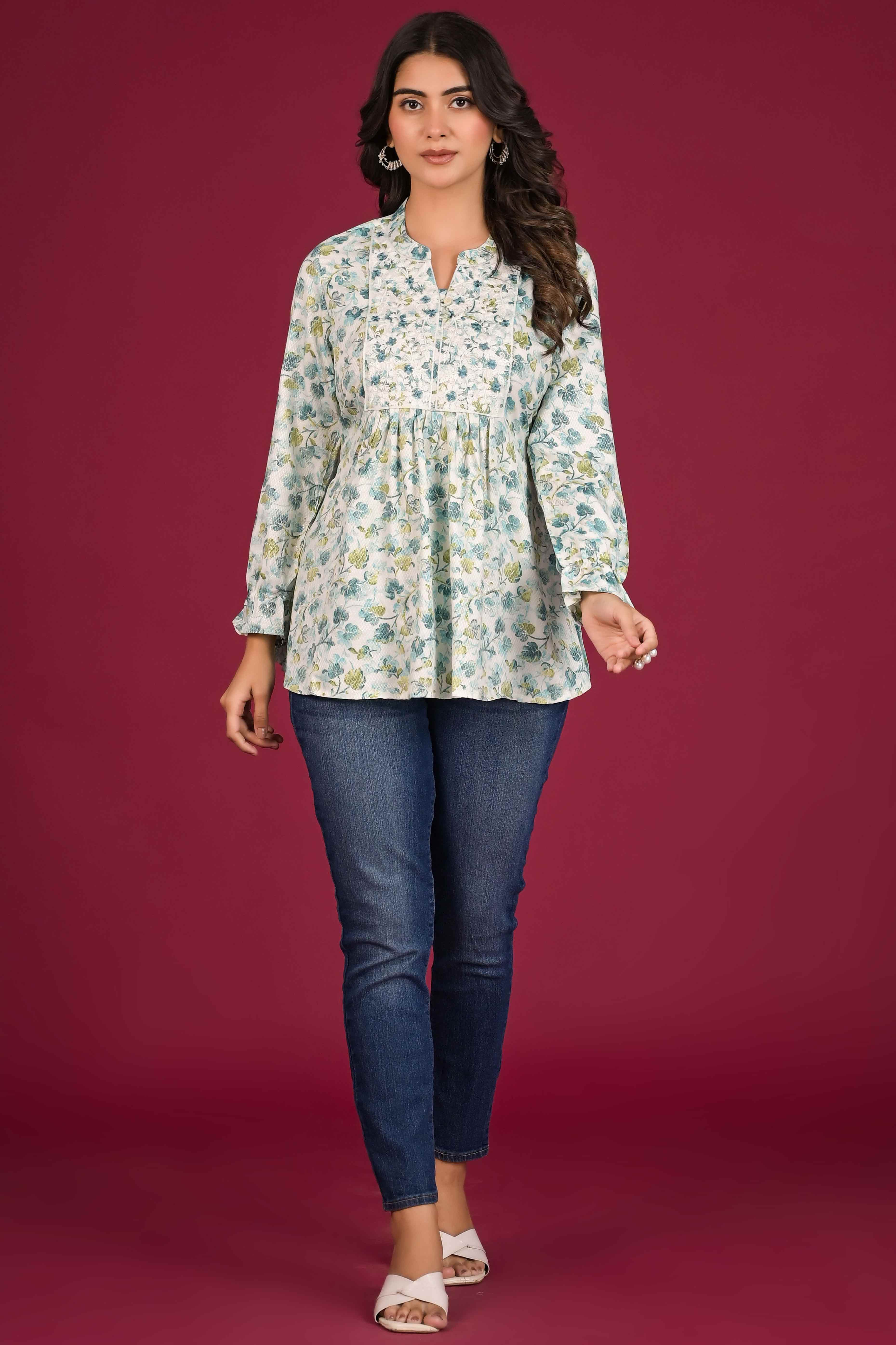 Turquoise Floral Printed Pure Cotton Chikankari Top