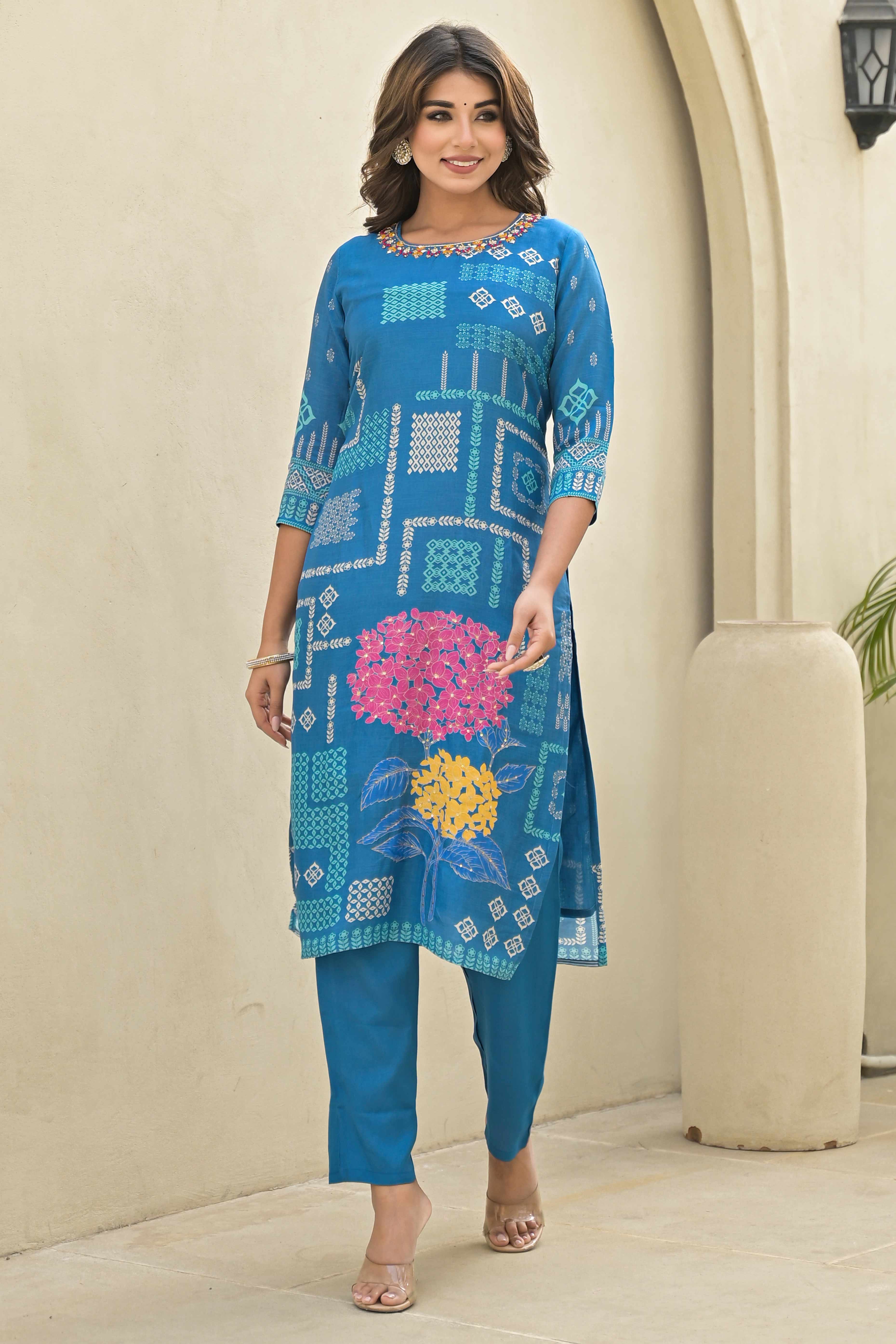 Blue Floral Printed Muslin Straight Salwar Suit