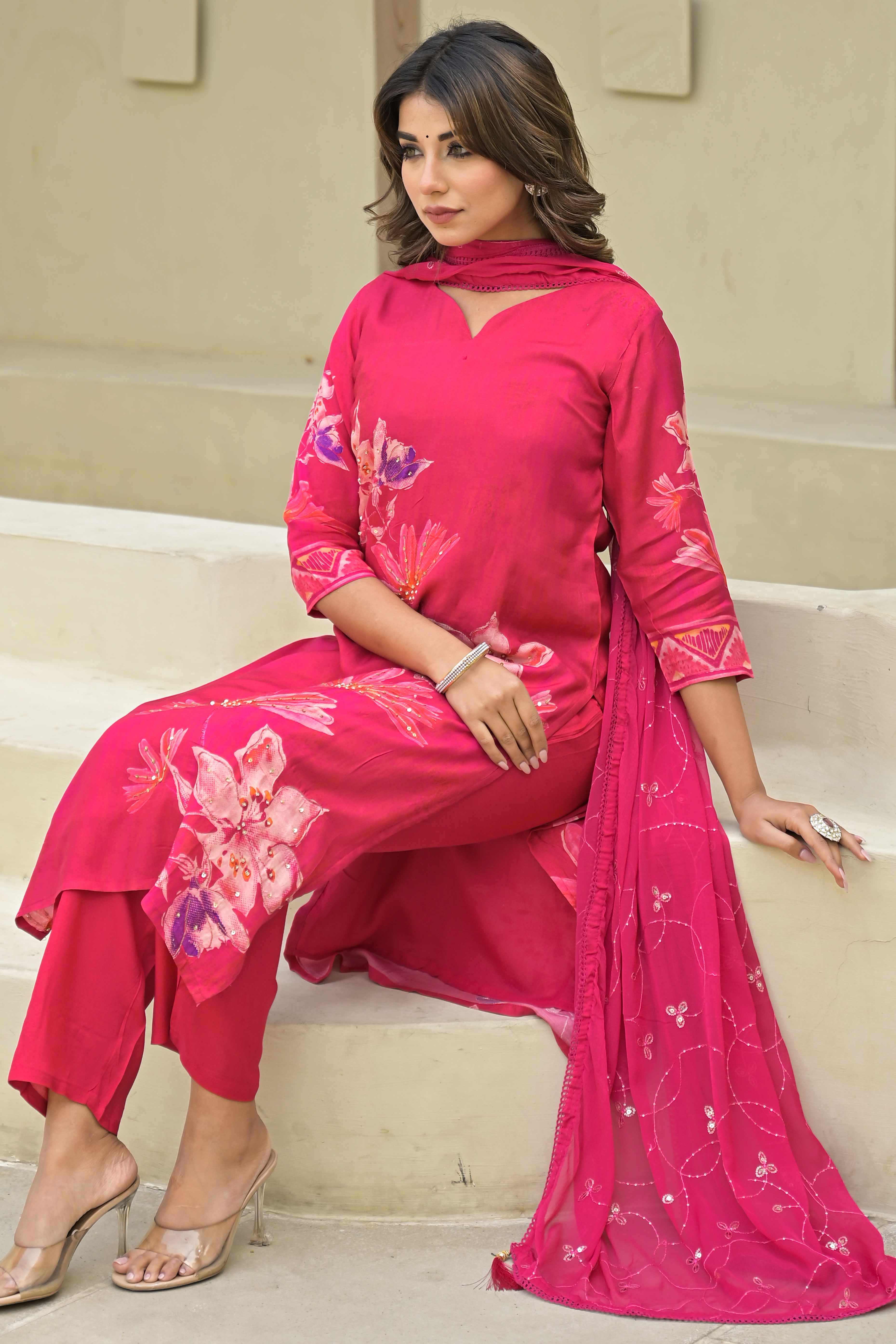 Pink Floral Printed Muslin Salwar Suit With Handwork