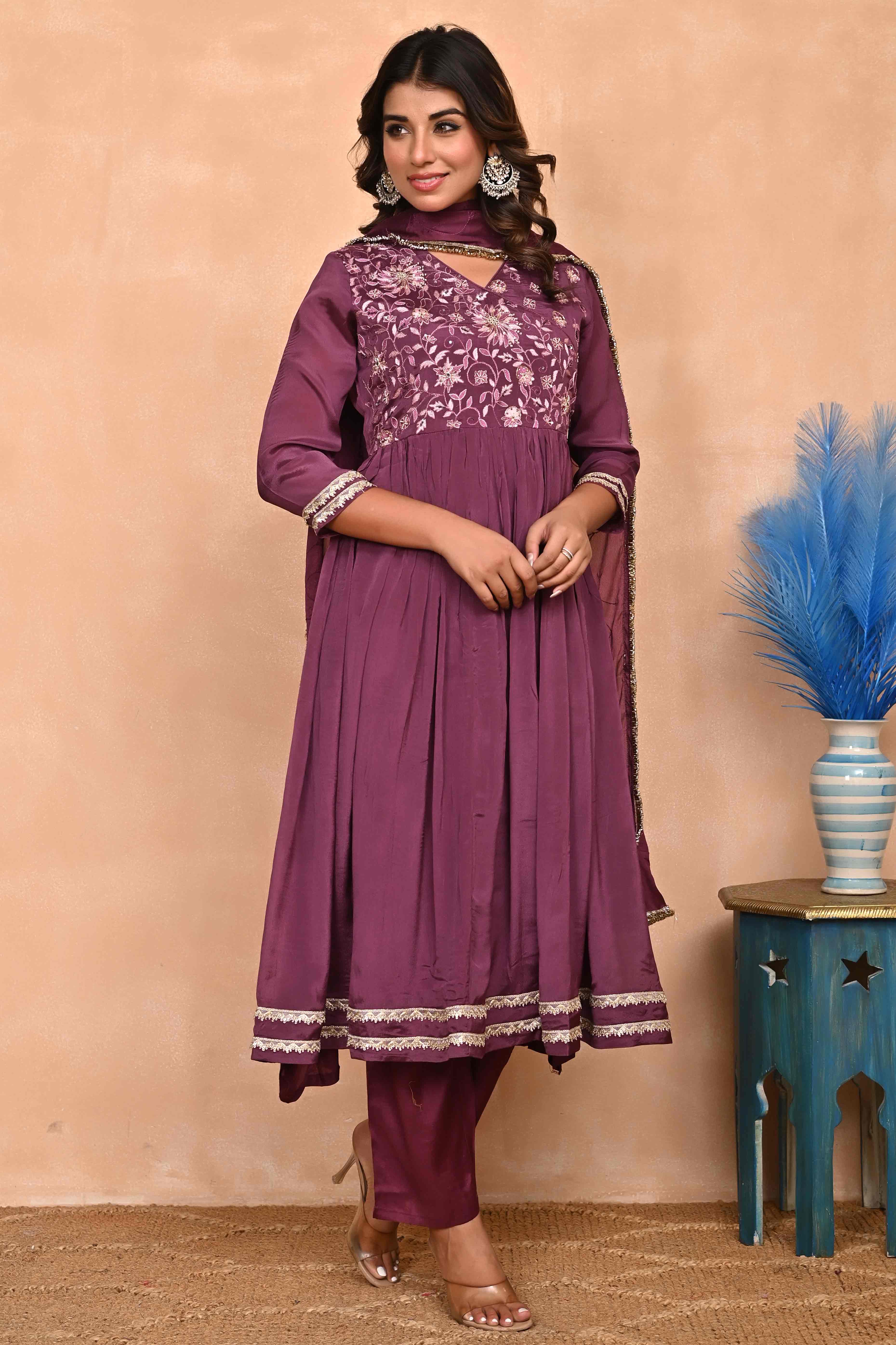 Plum Purple Chinon Anarkali with Floral Pattern & Hand-Beaded Embroidery