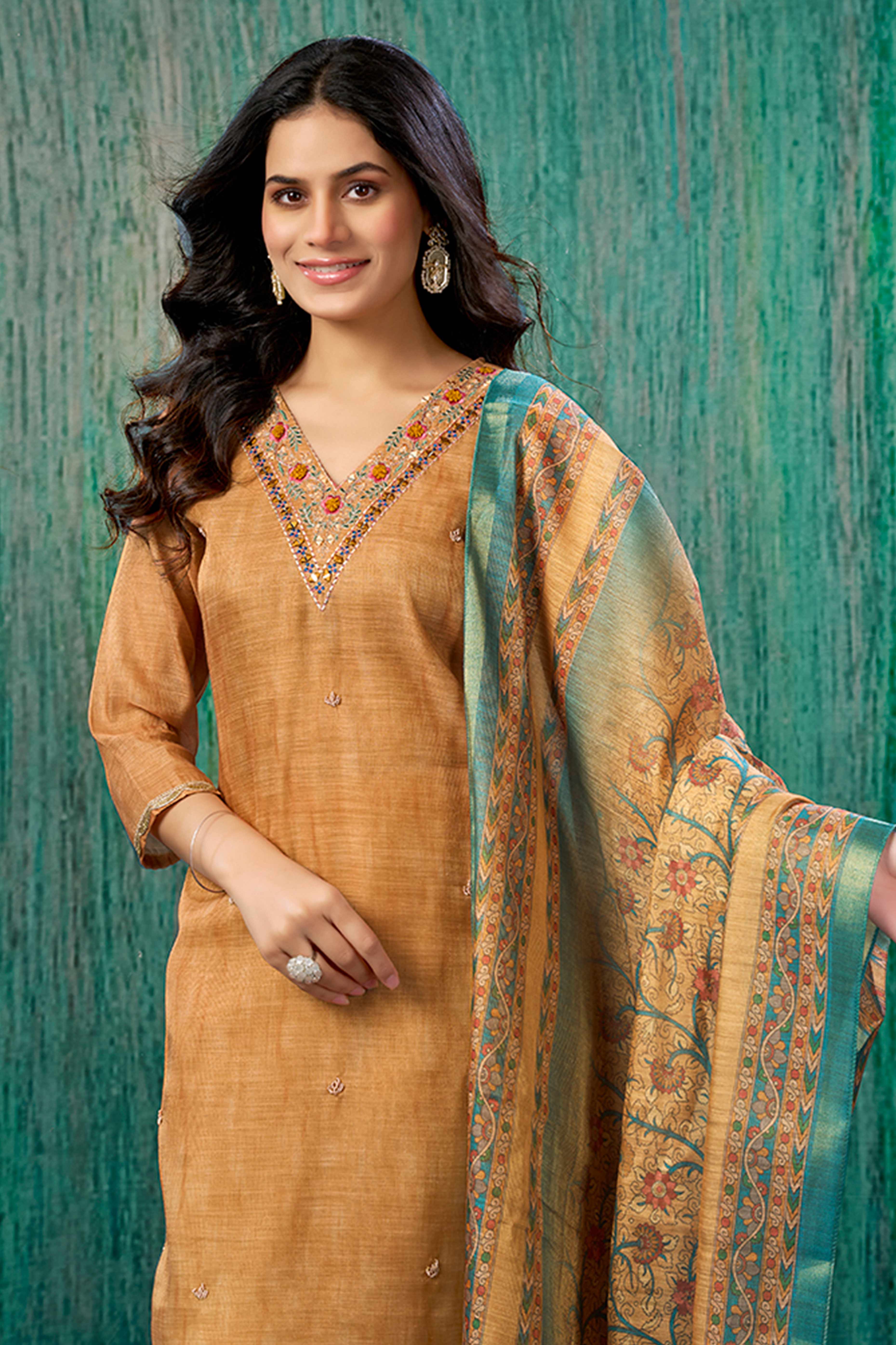 Orange Thread Work Embroidered Linen Straight Salwar Suit
