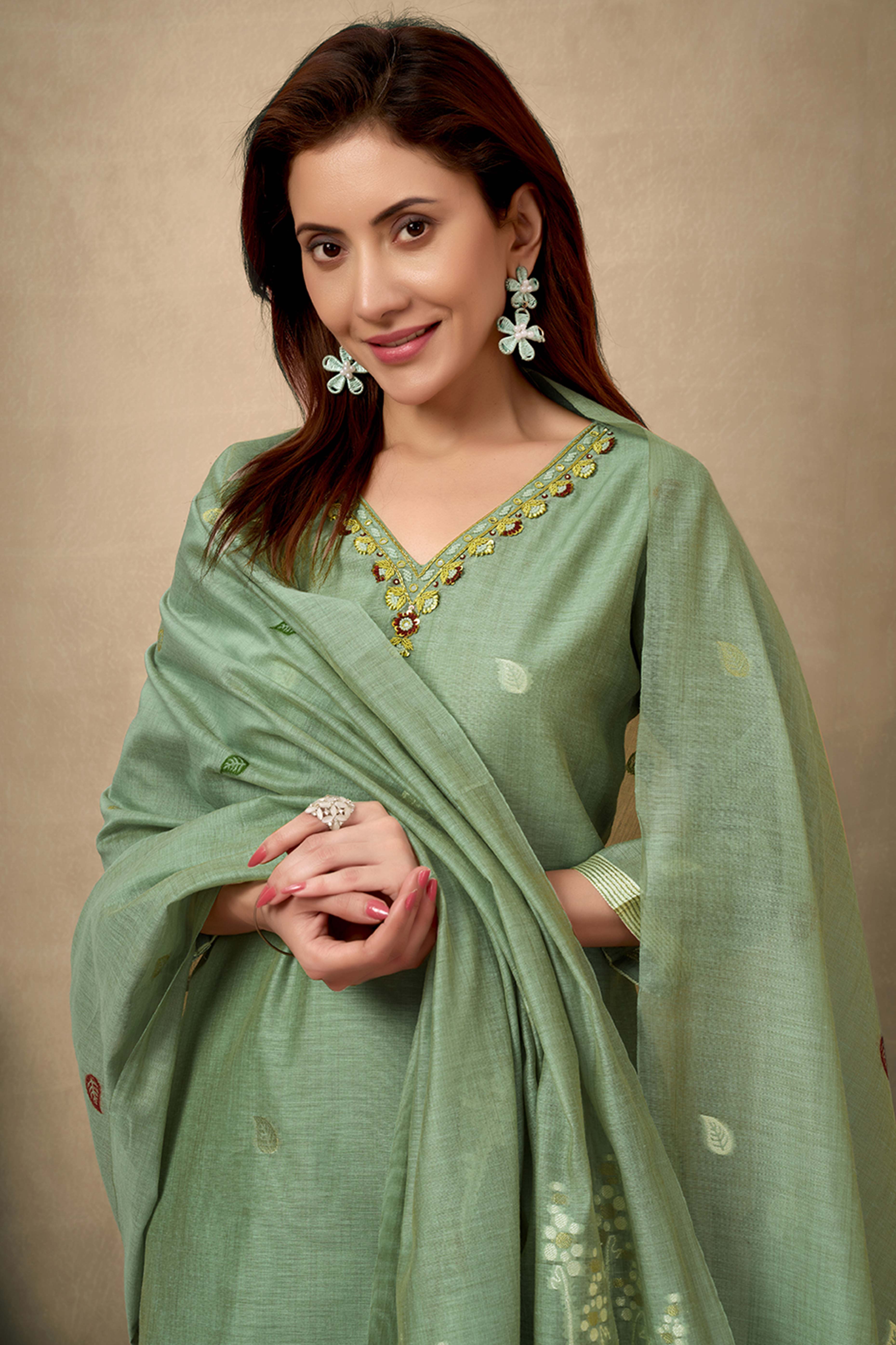 Light Green Hand-Embroidered Chanderi Jamdani Suit with Luxe Details