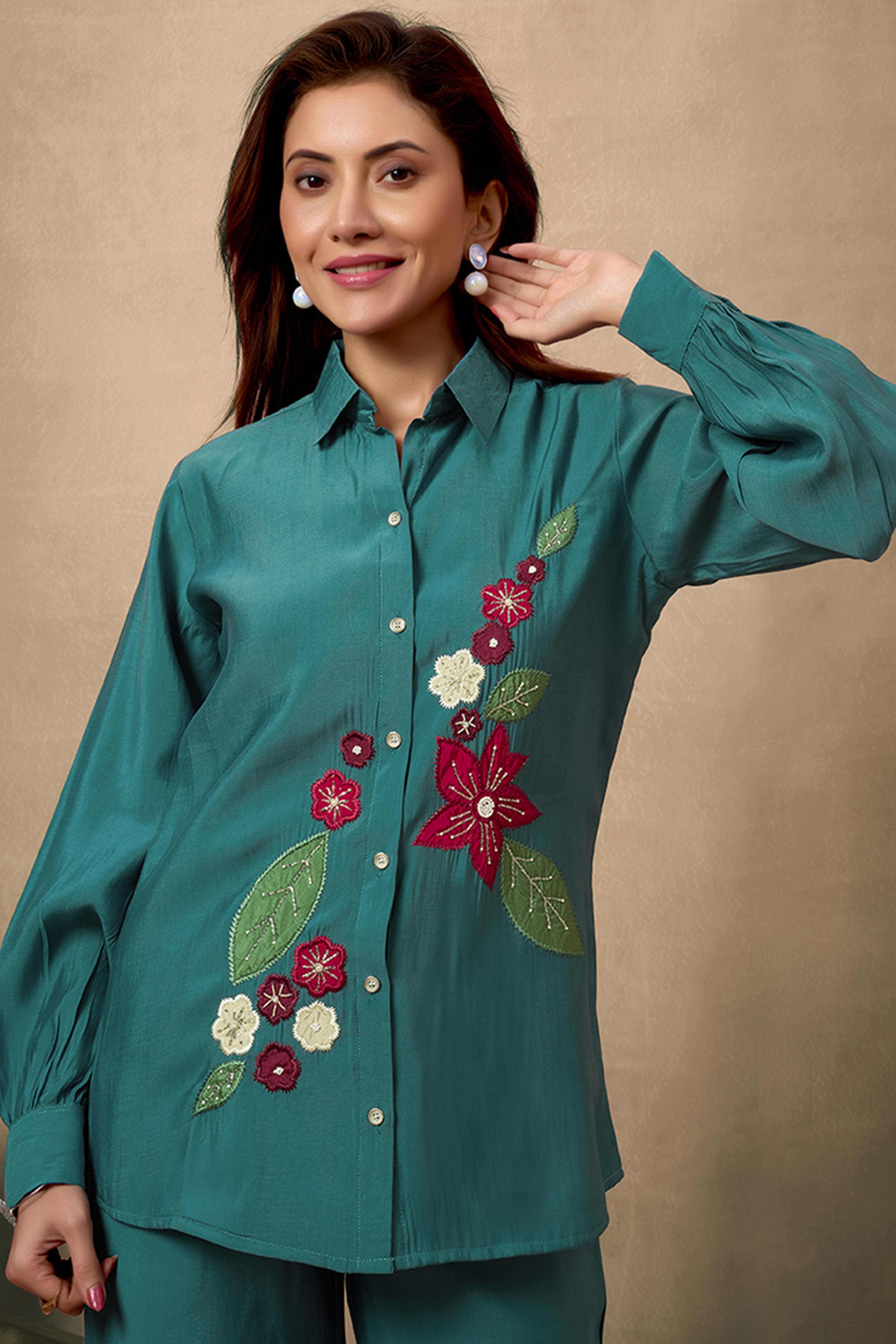 Dark Teal Elegance Chanderi Silk Floral Patchwork Co-Ord Set