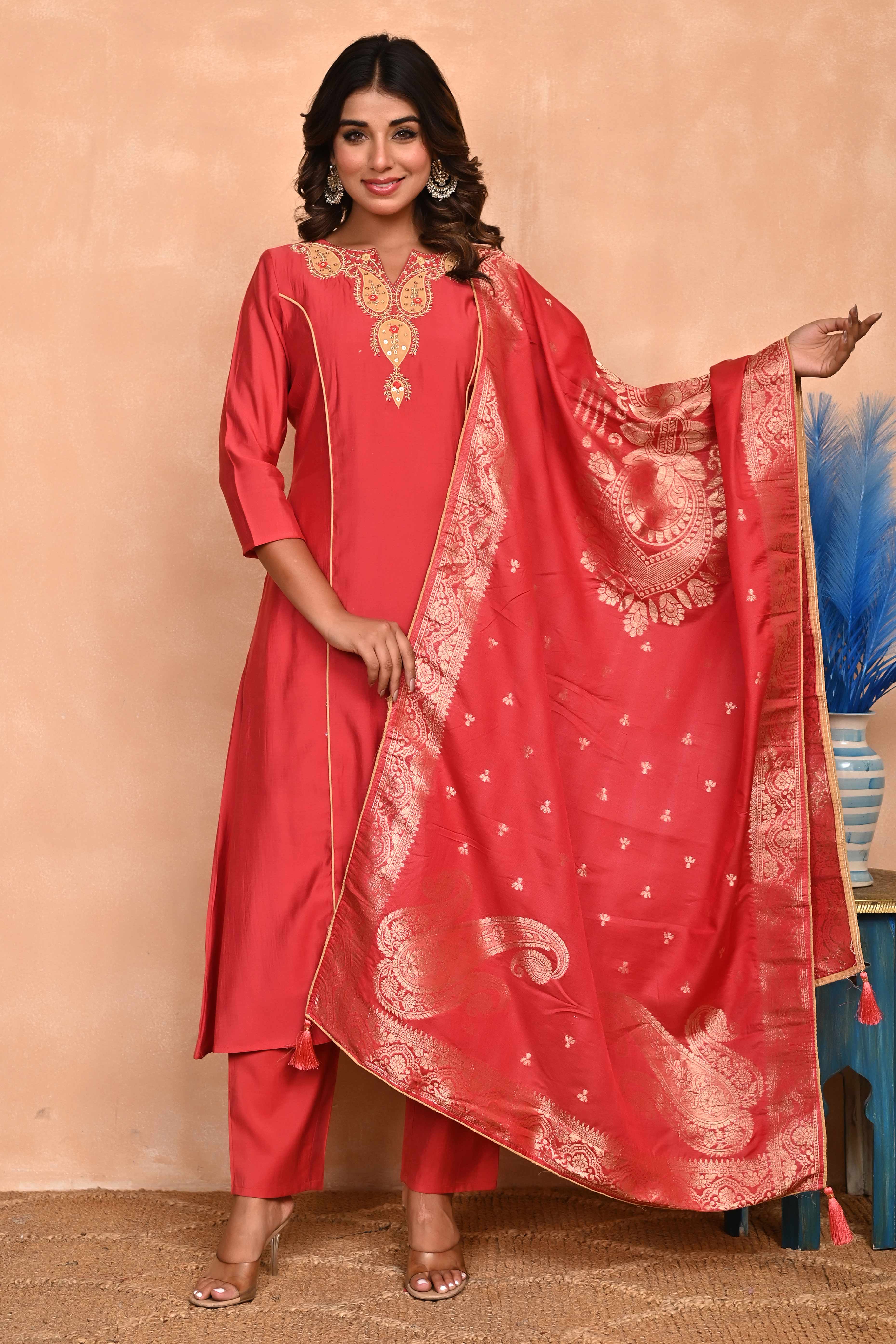 Rusty Red Embroidered A-Line Chanderi Silk Salwar Suit with Delicate Patchwork Detailing