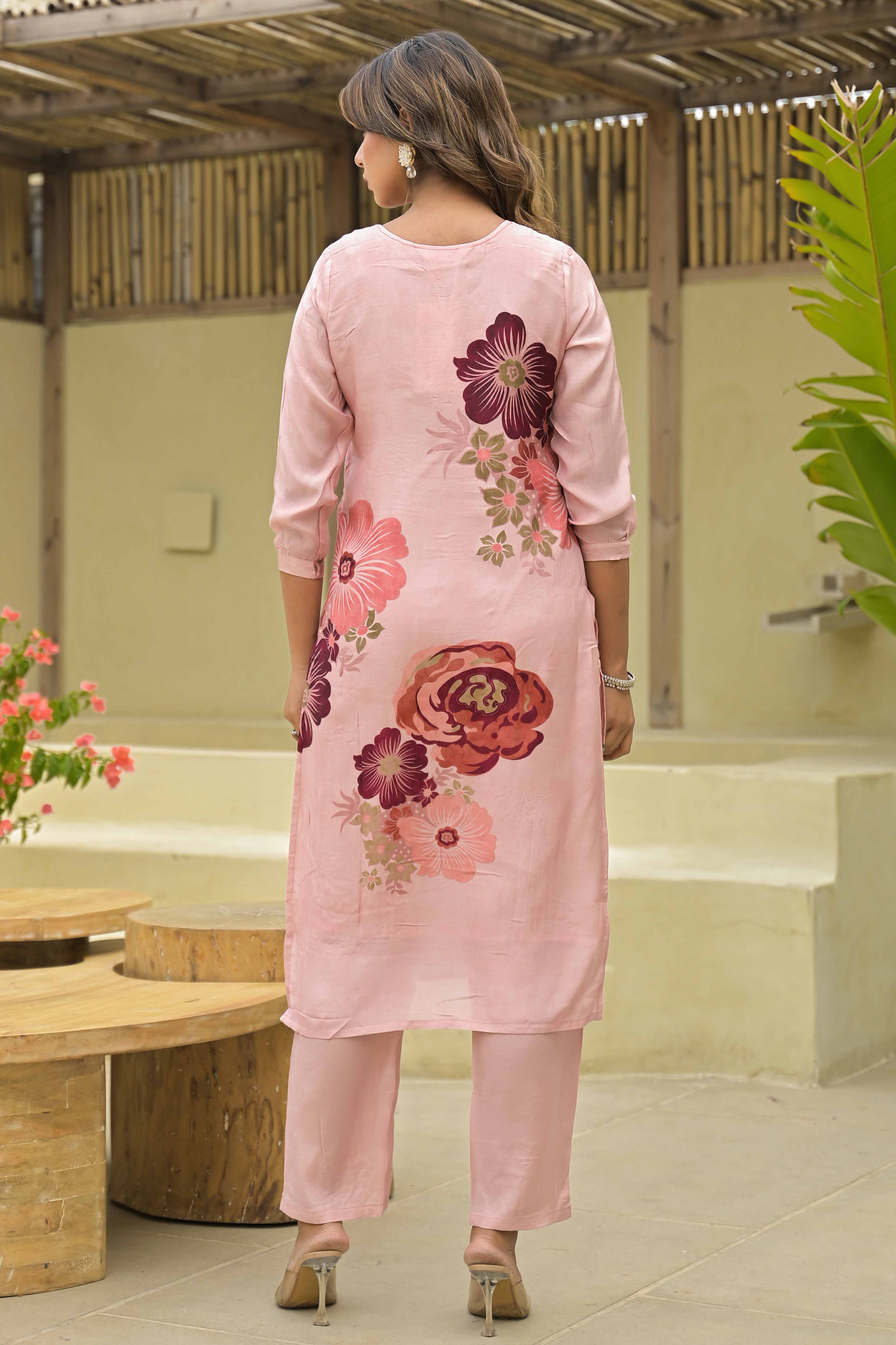 Blush Peach Floral Printed Muslin Straight Salwar Suit With Handwork