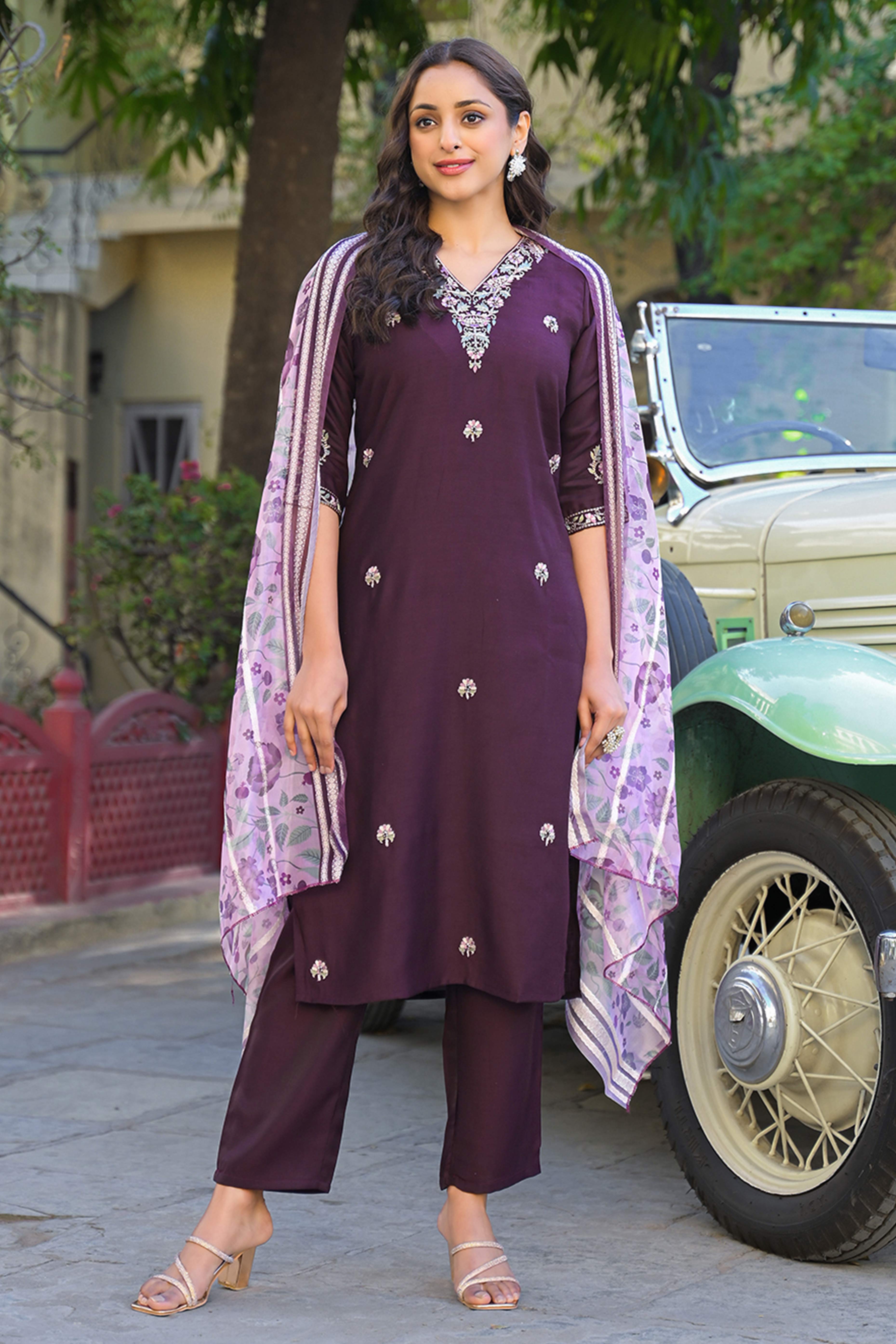Wine Floral Embroidered Chanderi Straight Salwar Suit