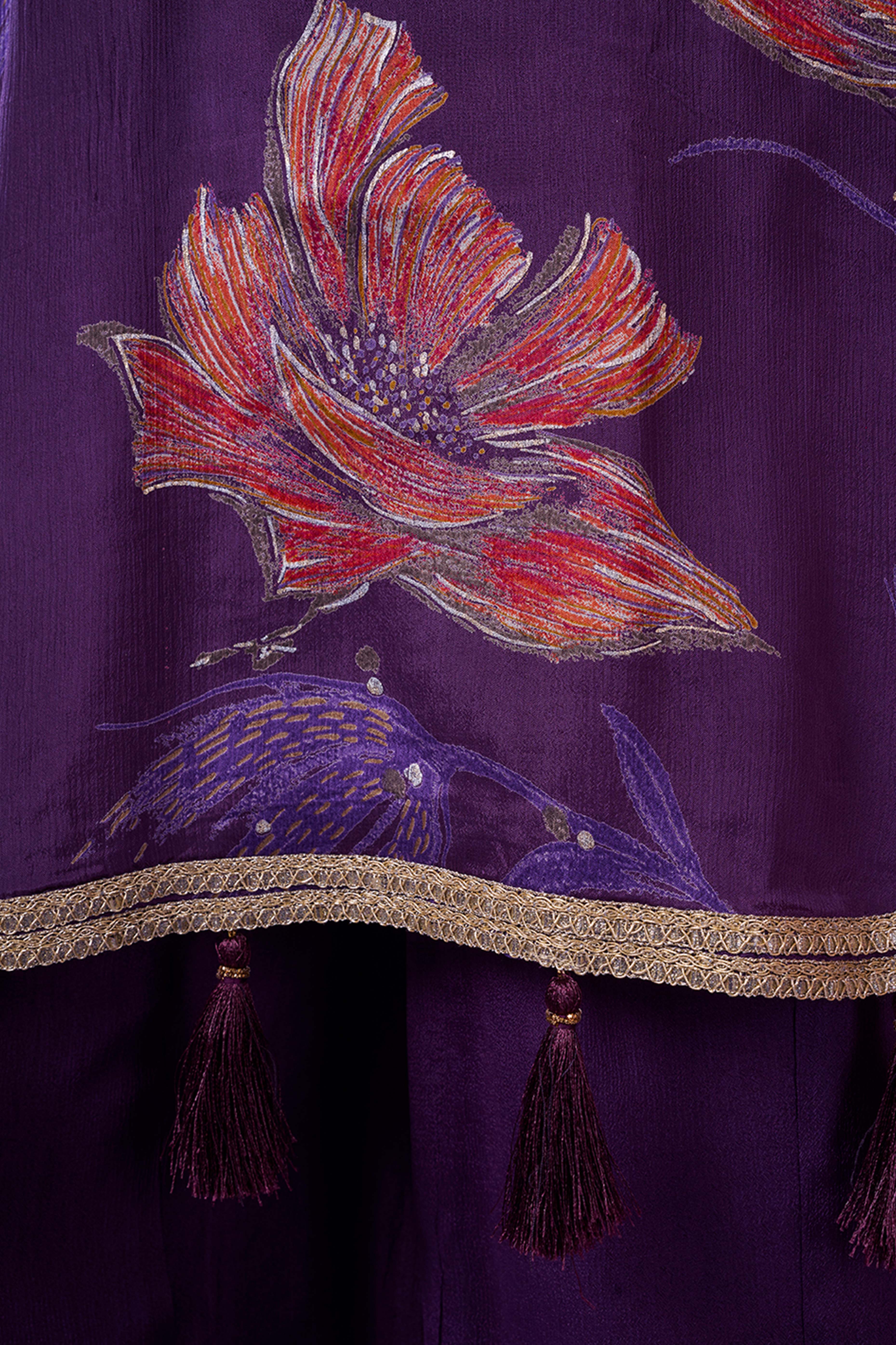 Dark Purple Floral Printed Beads Work Pure Chinon A-Line Salwar Suit