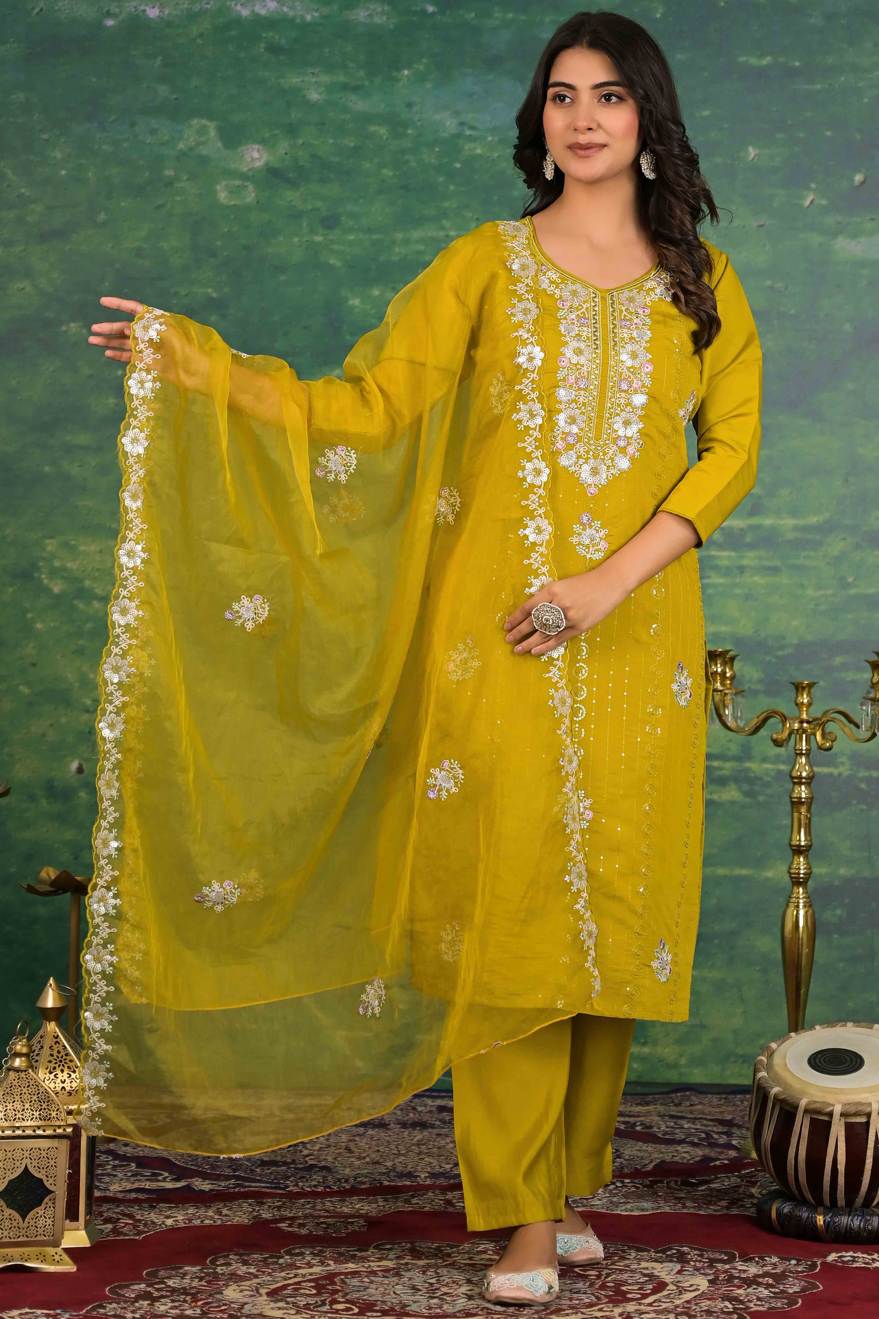 Mustard Floral Embroidered Sequins Work Cotton Silk Straight Salwar Suit