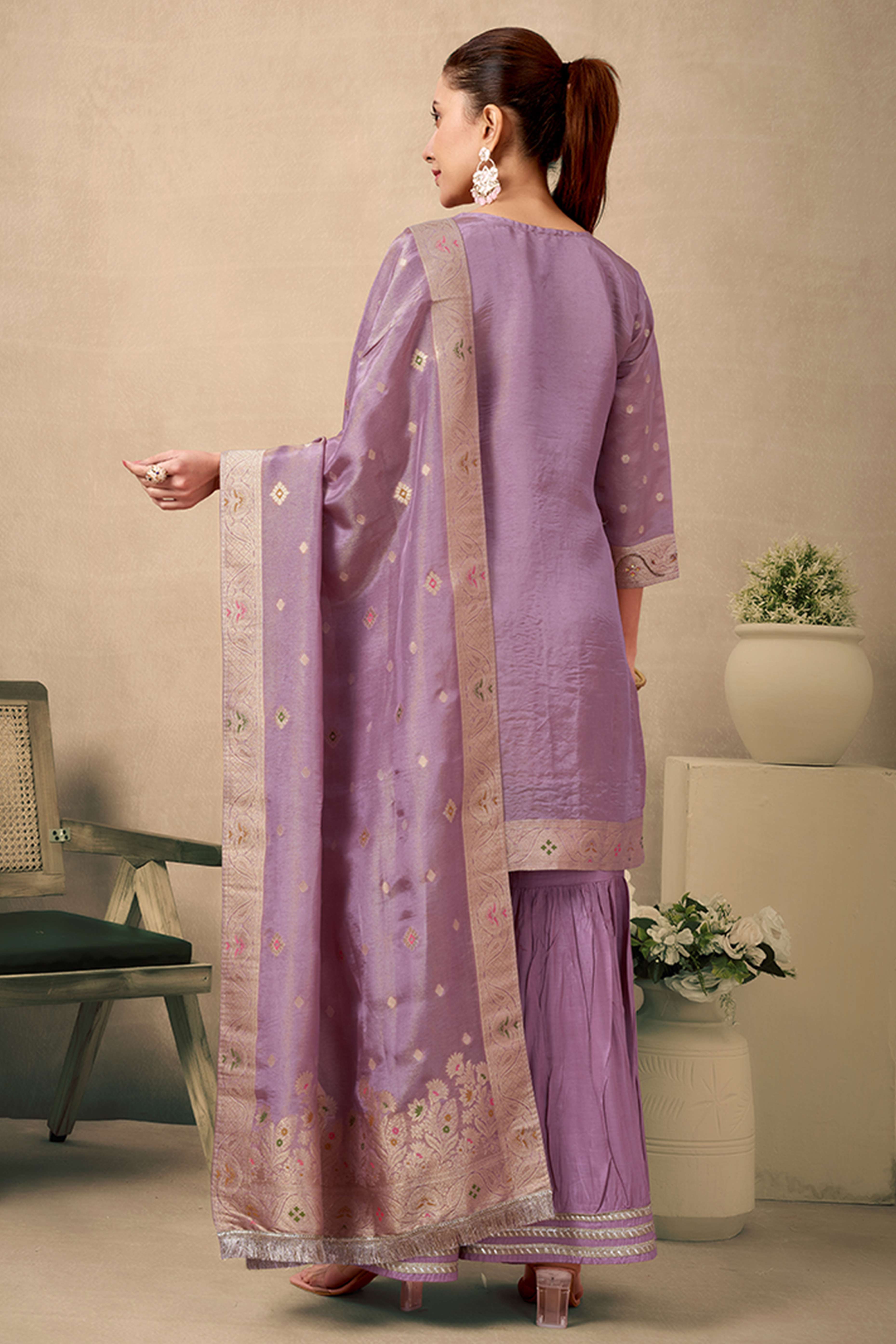 Mauve Floral Zari Woven Jacquard Sharara Suit With Exquisite Handwork