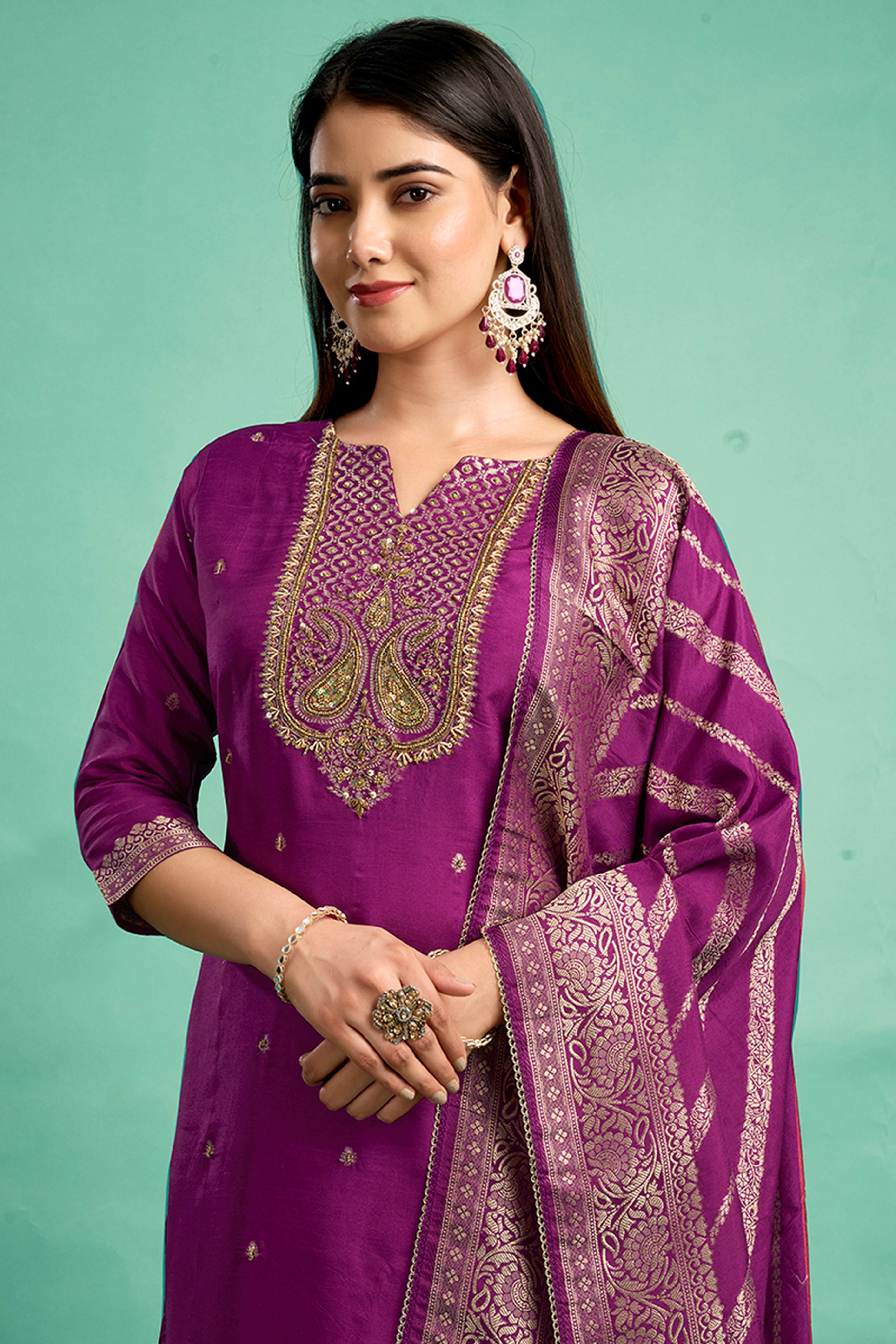Purple Handwork Embroidered Pure Dola Silk Straight Salwar Suit