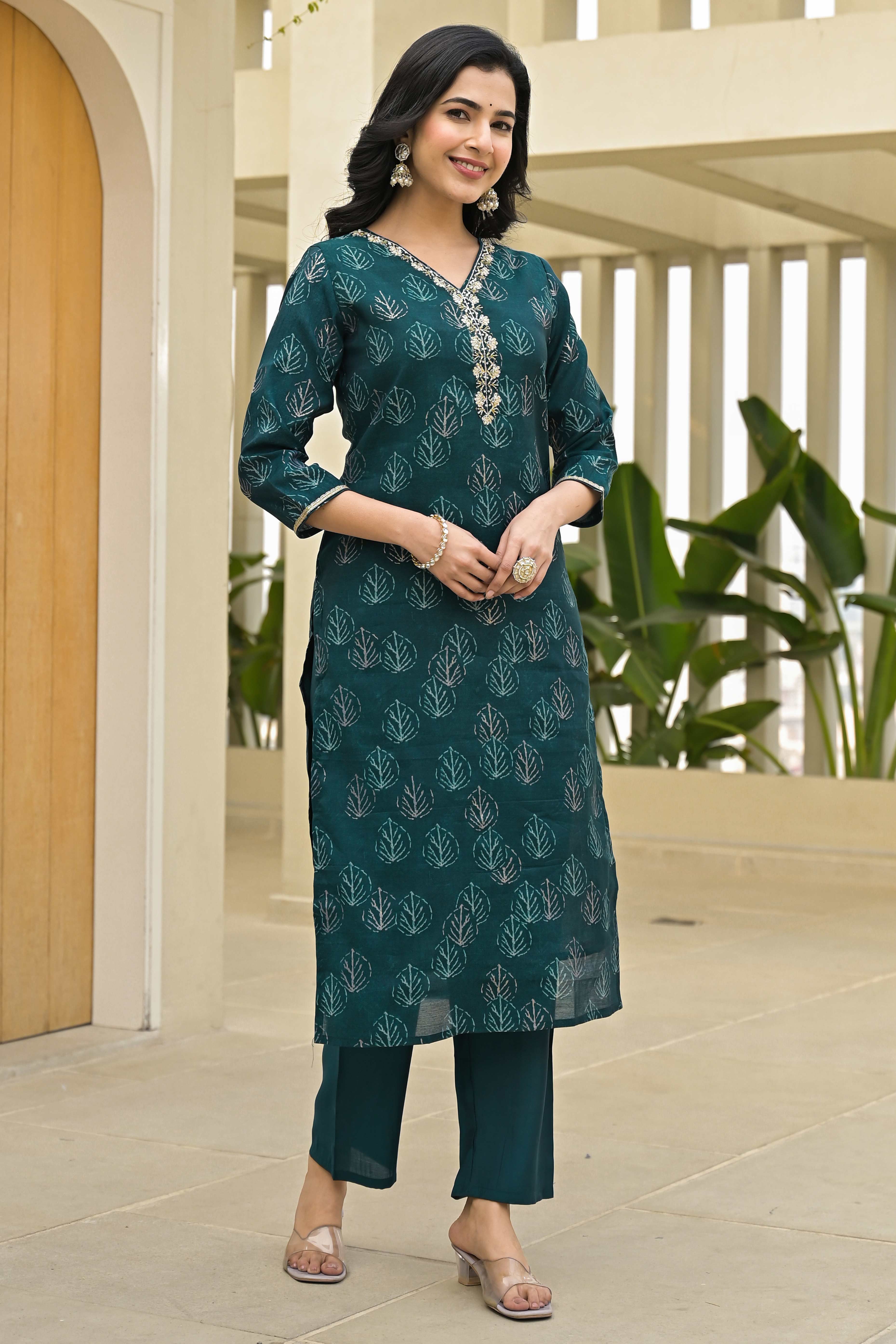 Teal Foil Printed Chanderi Straight Salwar Suit