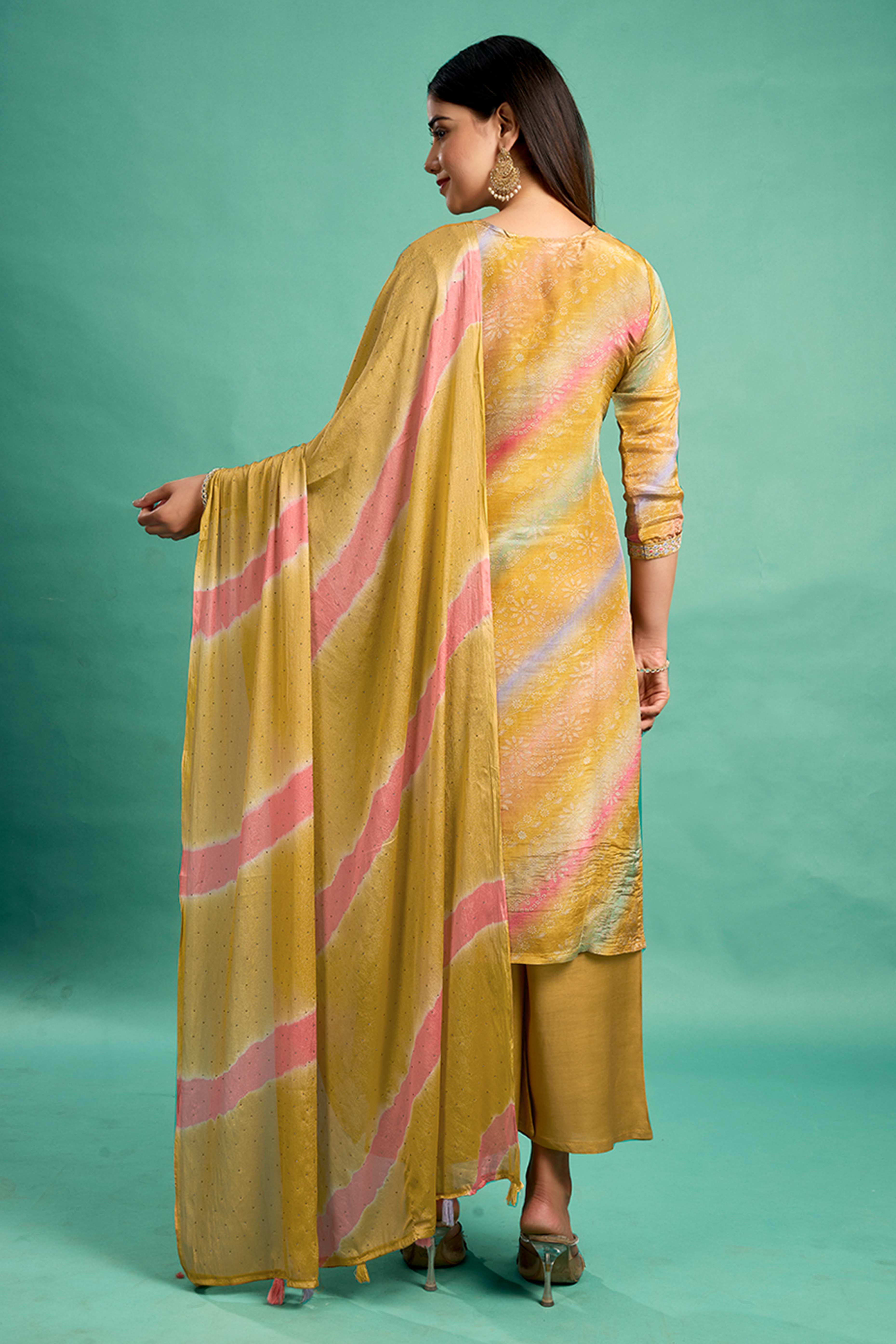 Mustard Pure Shimmer Straight Suit with Stone Embroidery