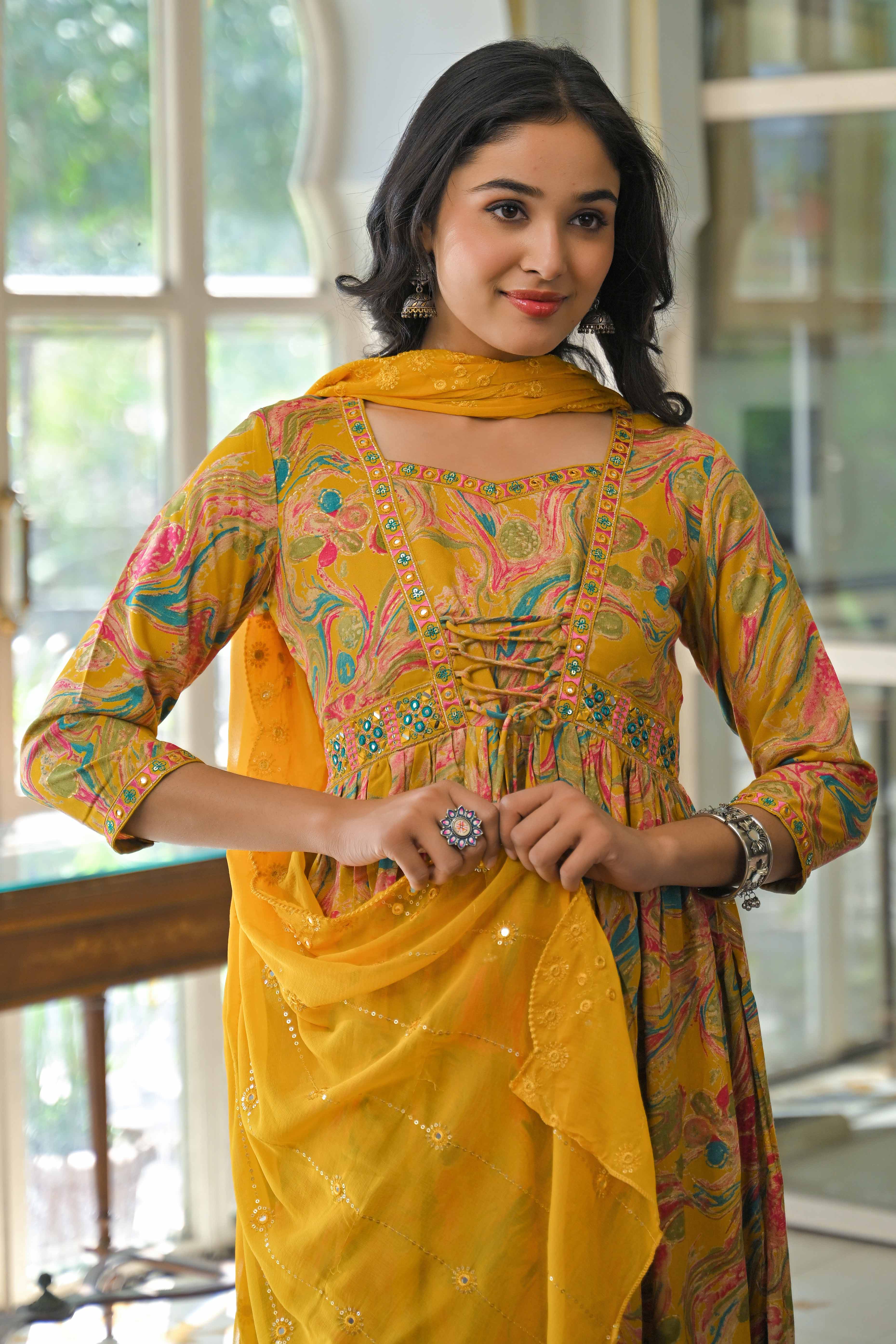 Mustard Floral Printed Rayon A-Line Salwar Suit