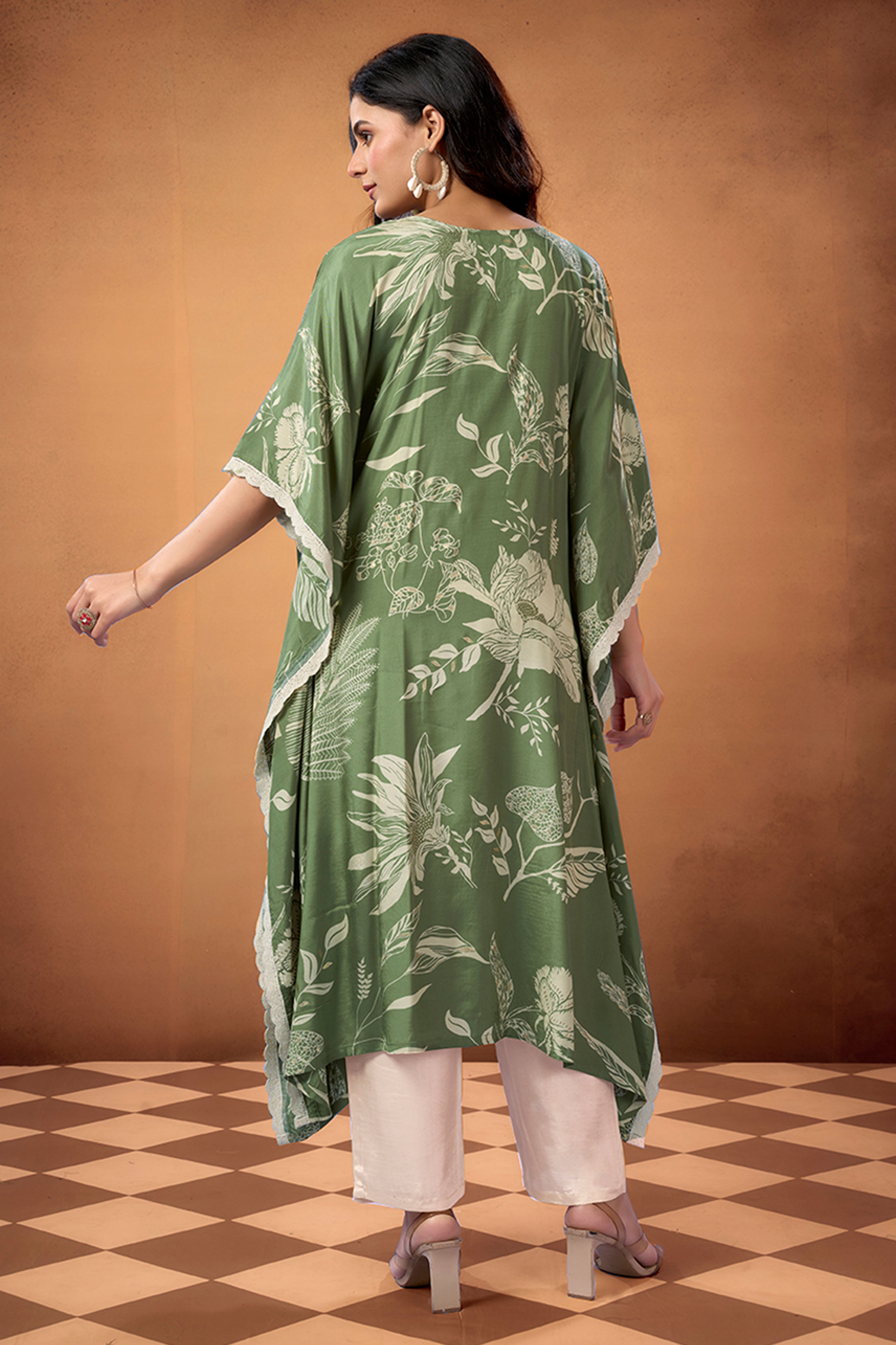 Green Floral Printed Muslin Kaftan Top Bottom Set