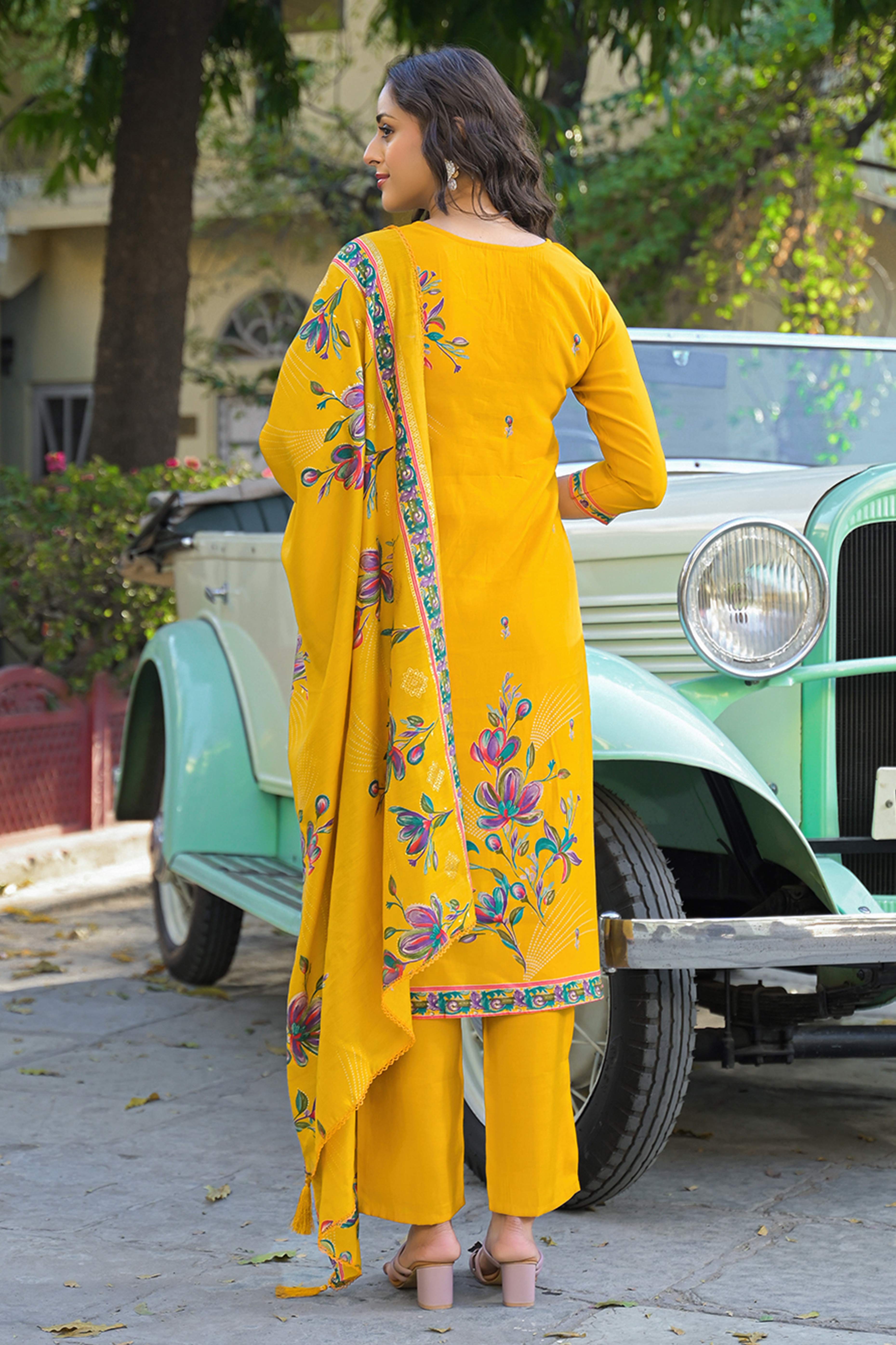 Mustard Floral Printed Thread Work Chanderi Silk Straight Salwar Suit