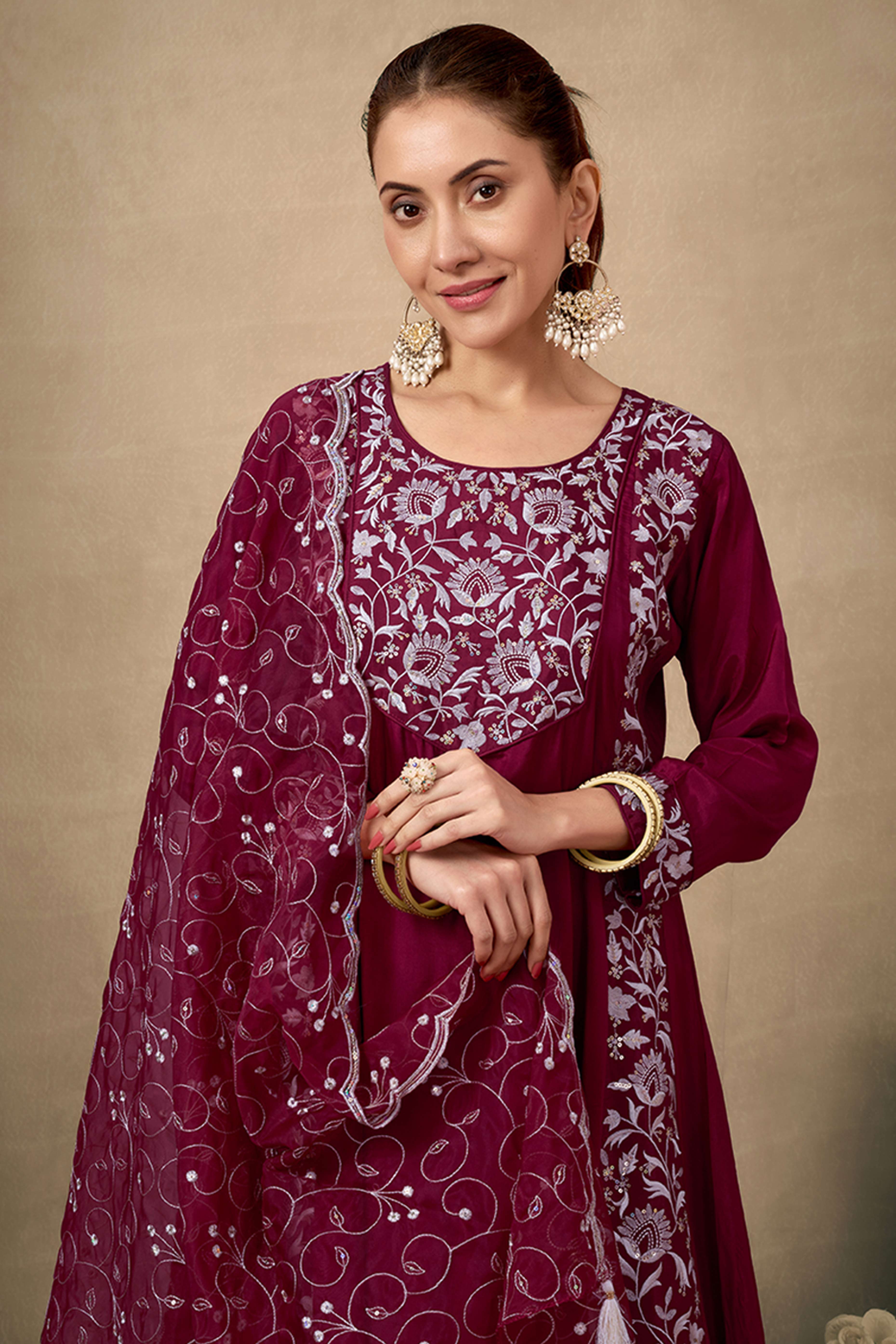 Maroon Silk Blend Anarkali Suit With Floral Sequins Embroidery