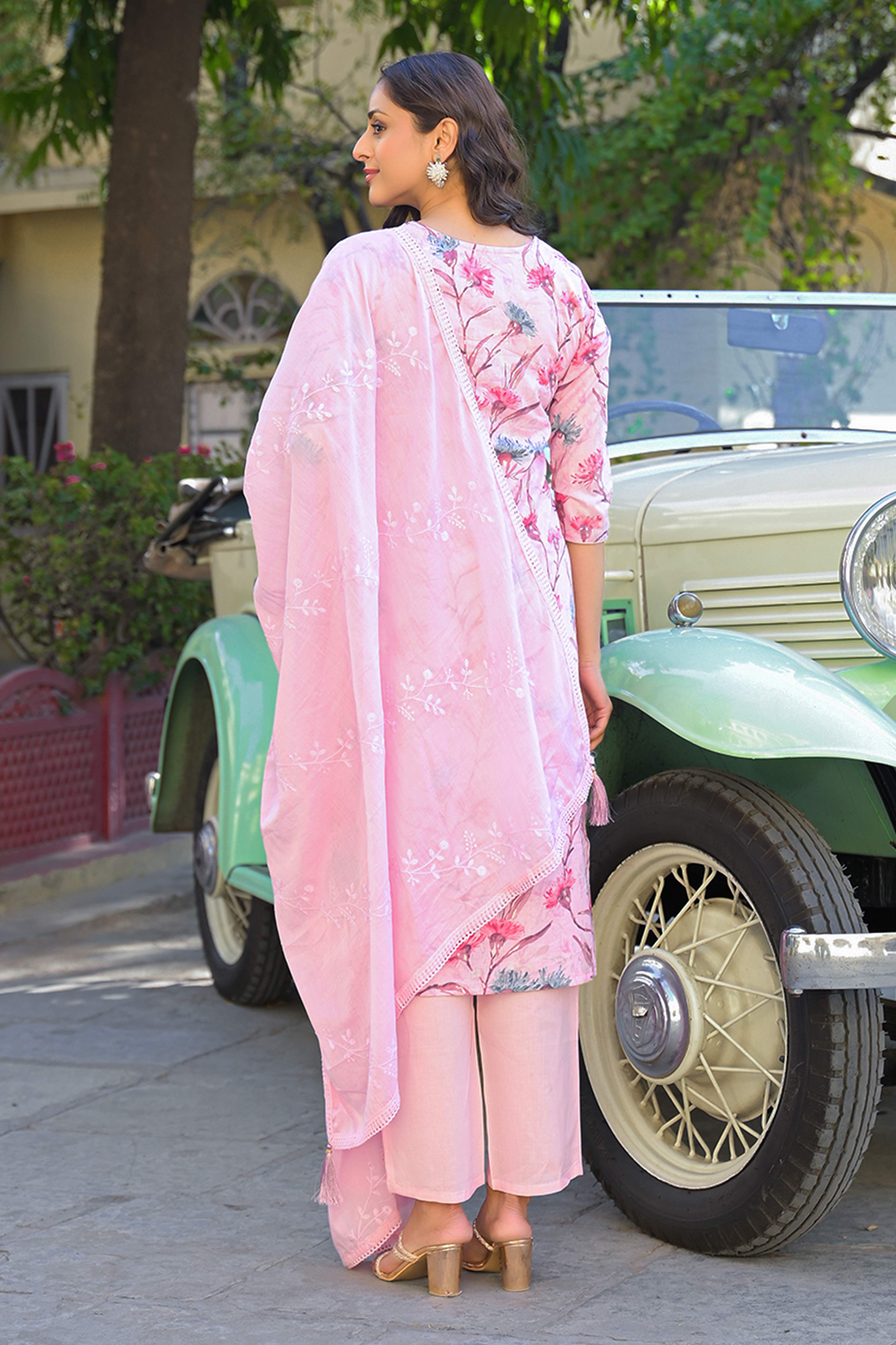 Light Pink Floral Printed Thread Work Pure Cotton Straight Salwar Suit